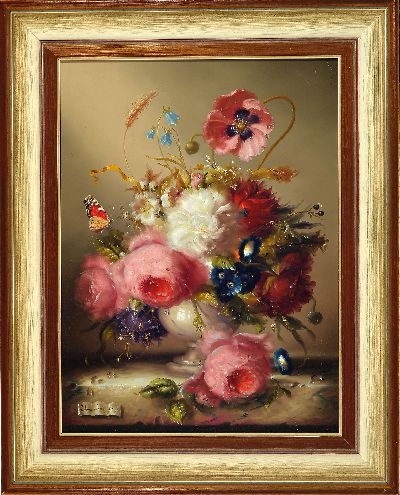 27115688k - Hildegard Schwammberger, 1950-2024, reiches Blumenstillleben mit Insekten, signiert, ...