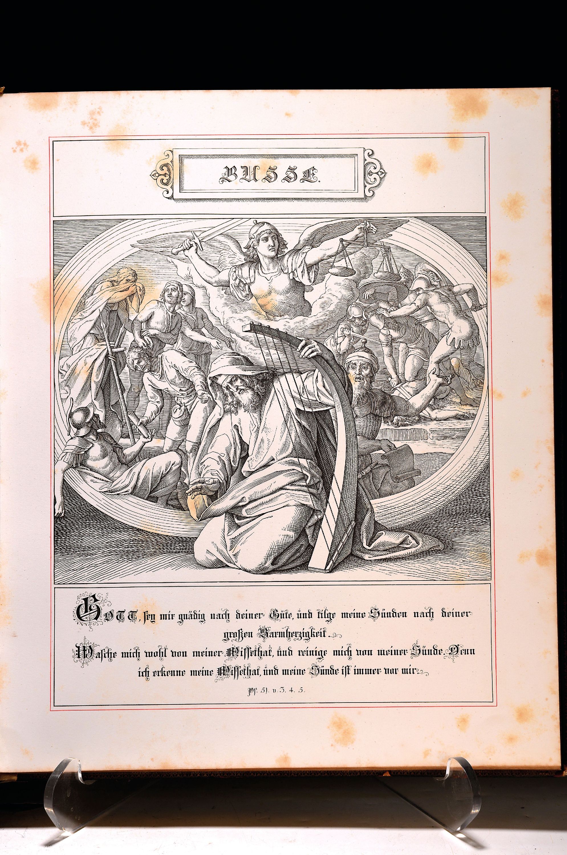 Detail a: Der Psalter. Mit vier Bildern von Julius Schnorr von Carolsfeld in Holzschnitten, Leipzig, Georg Wigand 1855, 2°, 82 S., Dreikantgoldschnitt, Ldr. ...