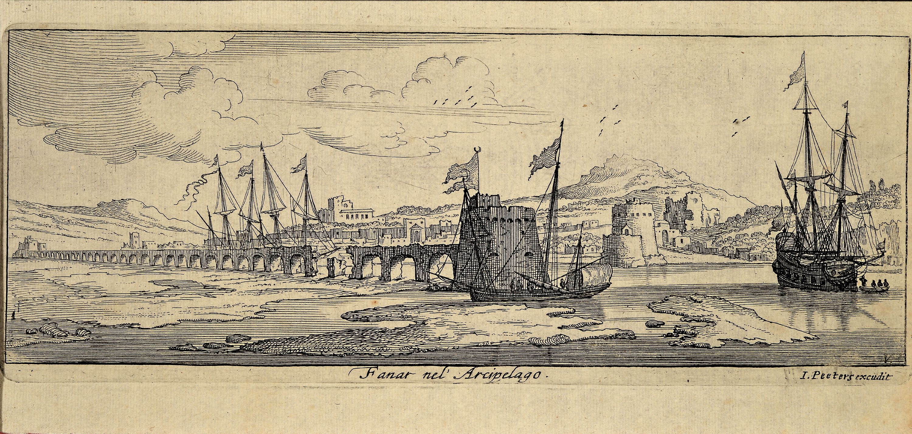 Detail a: Jacob Peeters (1660-1721): drei Kupferstiche , "Fanar nel Arcipelago", "Bartanico nel aus Arcipelago" und "Pelaguse nel ...