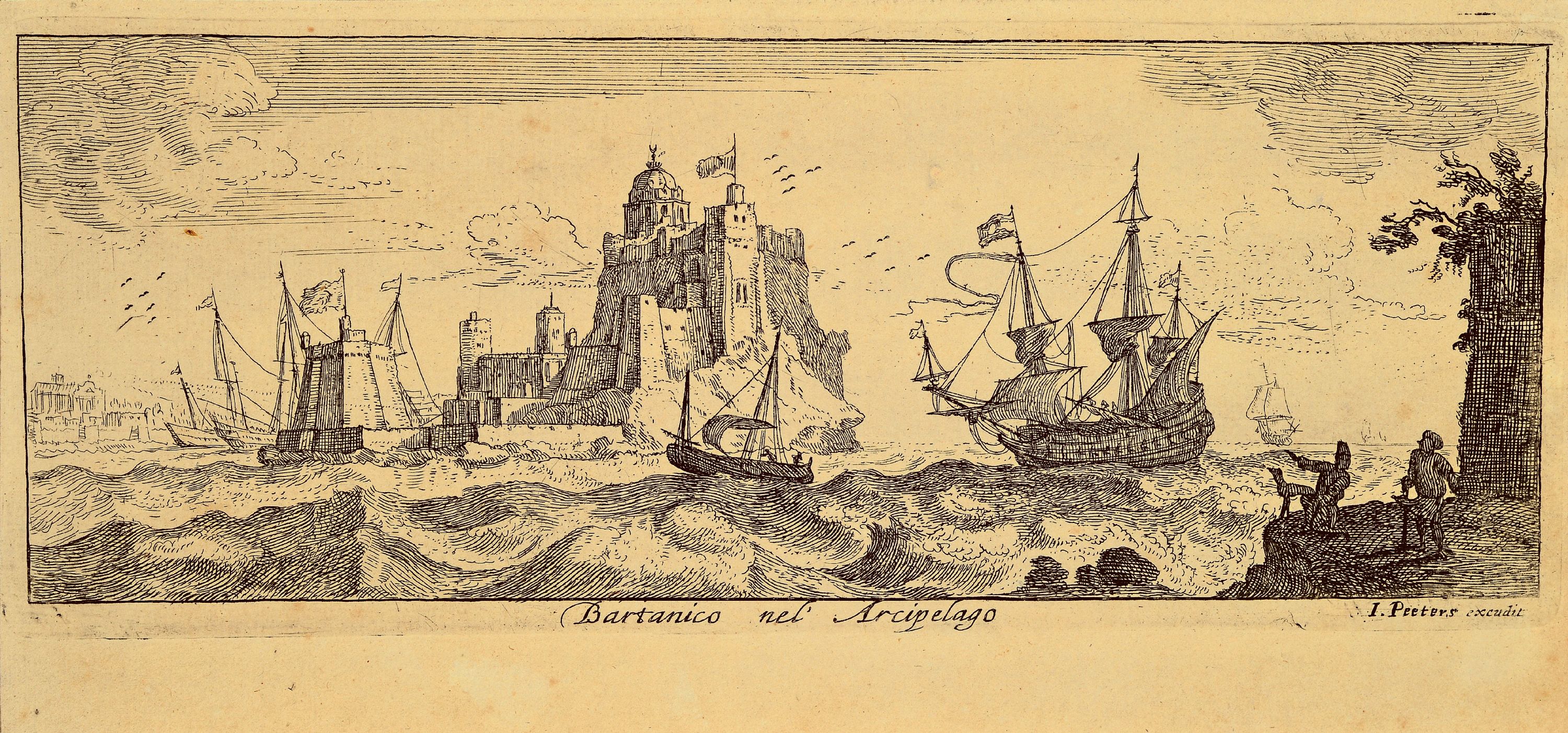 Detail b: Jacob Peeters (1660-1721): drei Kupferstiche , "Fanar nel Arcipelago", "Bartanico nel aus Arcipelago" und "Pelaguse nel ...