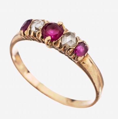 Image 14 kt Gold Diamant-Farbstein-Ring, um 1890, RG 585/000 gepr., 2 kl. Diamantrosen, 3 ...