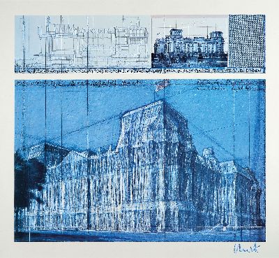 Image Christo, 1935-2020, color offset, Wrapped Reichstag (Project for Berlin), hand-signed ...