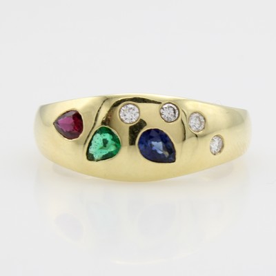 Image Ring mit Farbsteinen und Brillanten, GG 585/000, Smaragd-, Rubin- u. Saphirtropfen ca. ...