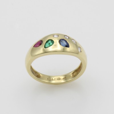 27115897a - Ring mit Farbsteinen und Brillanten, GG 585/000, Smaragd-, Rubin- u. Saphirtropfen ca. ...