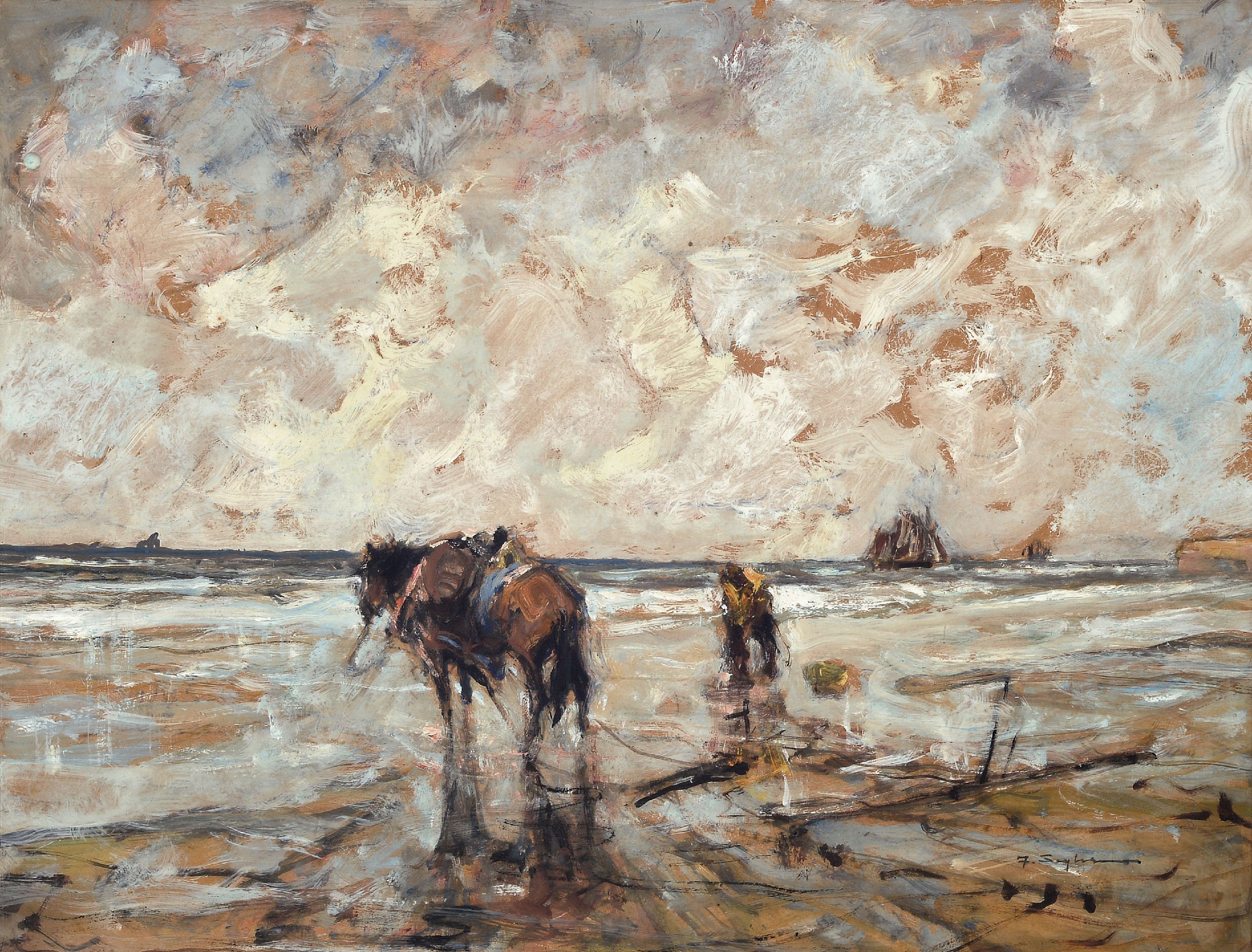 Image 27115901 - Julius Seyler, 1873-1958 München, Krevettenfischer am Strand, Öl/Malkarton, rechts ...