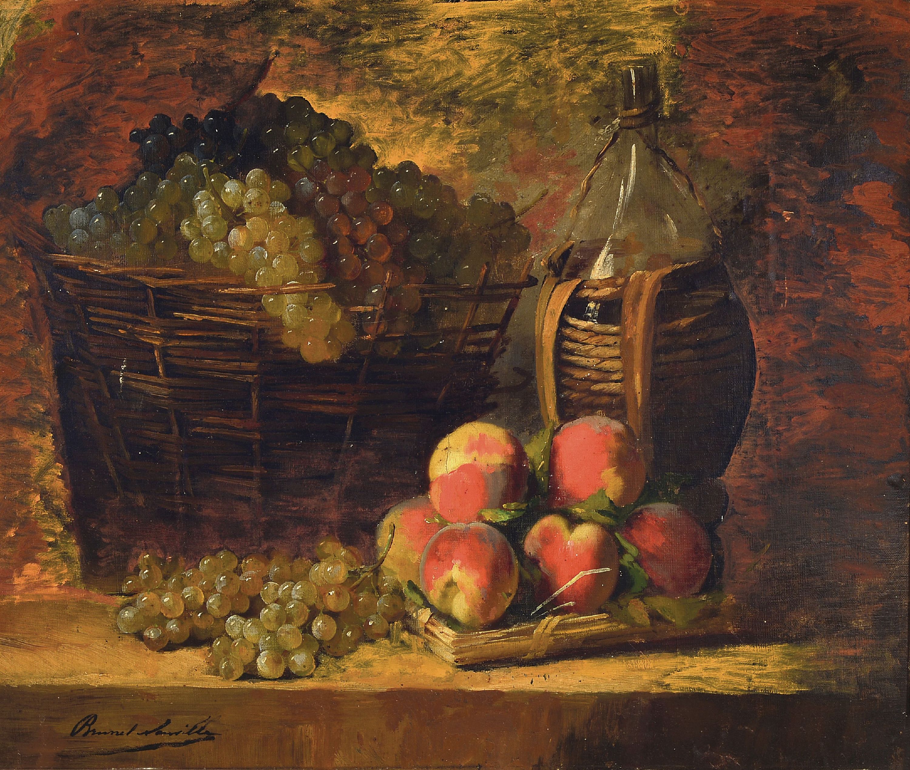 Image 27115905 - Alfred Arthur Brunel de Neuville, 1852-1941 Paris, Stillleben mit Korbflasche, Trauben ...