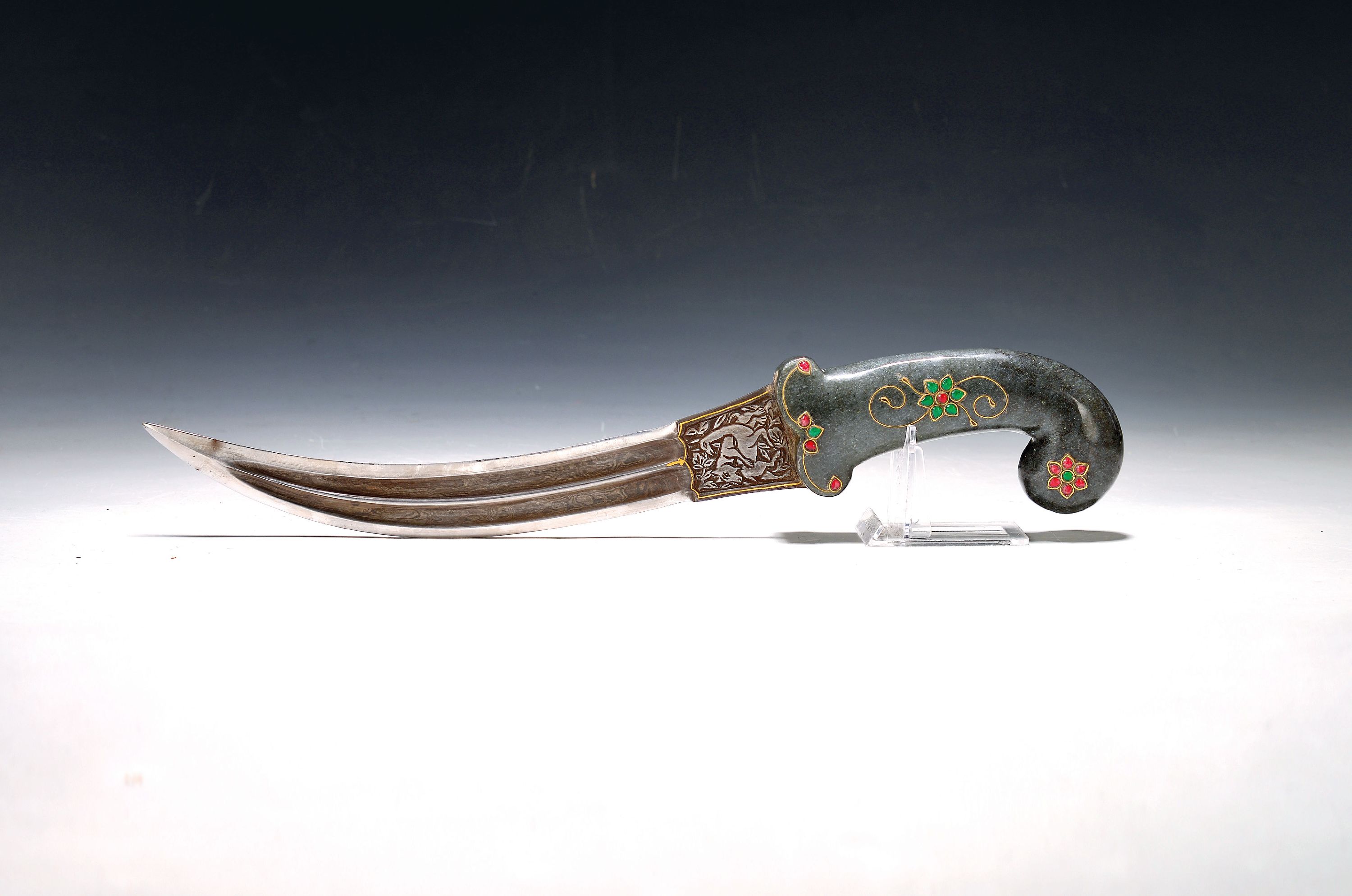 Image 27115909 - Dagger/Khanjar, India/Moghul, modern, jade handle with glass stone trim in floral metal ...