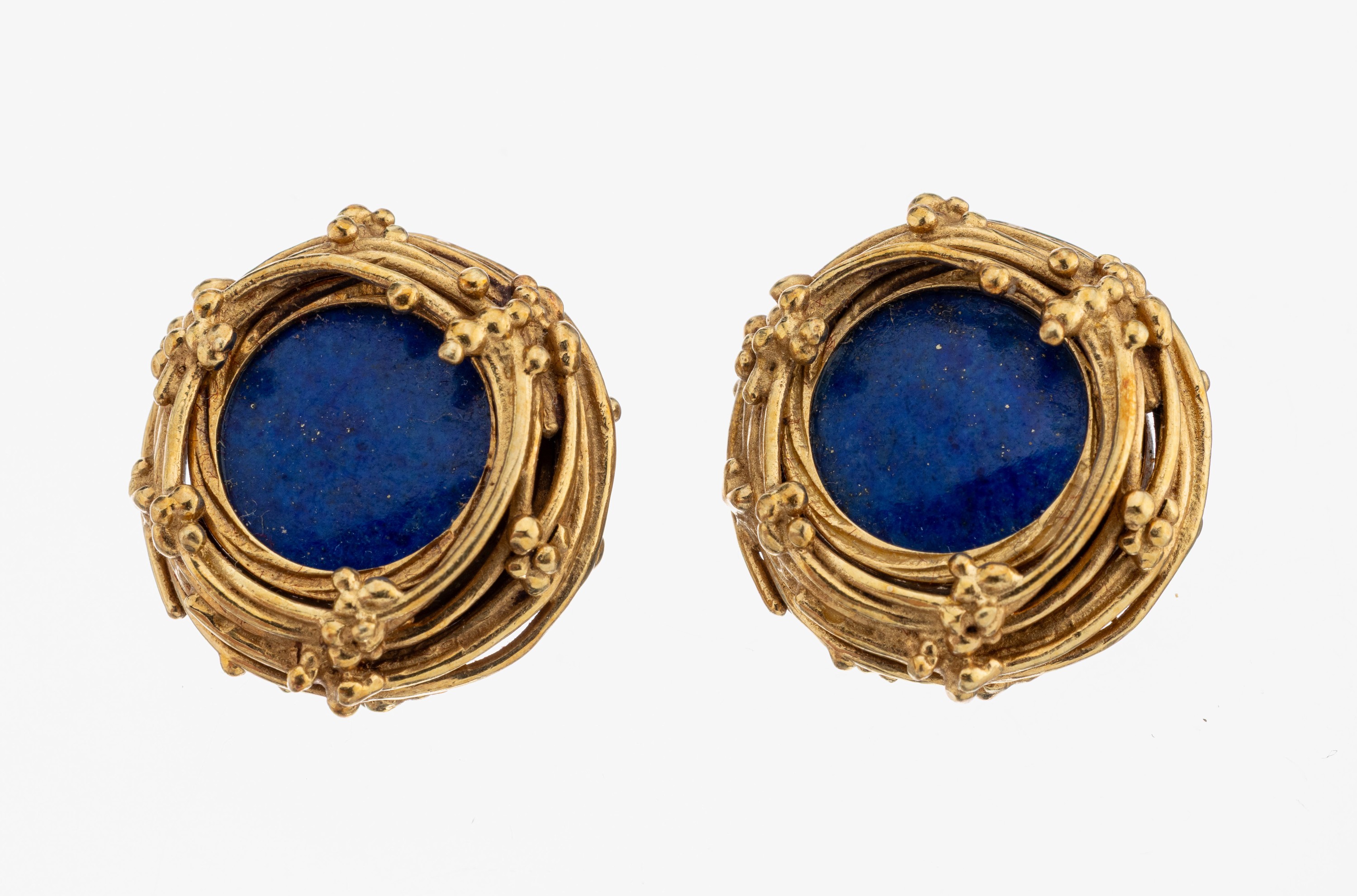 Image 27115926 - Pair of 14 kt gold lapis lazuli-ear clips, 1960s , YG 585/000, abstract organic ...