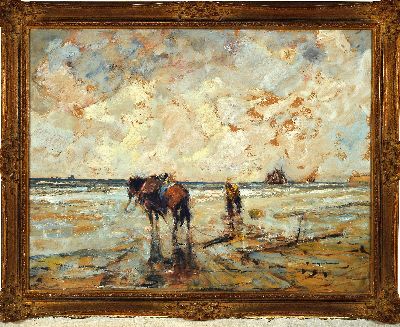 27115901k - Julius Seyler, 1873-1958 München, Krevettenfischer am Strand, Öl/Malkarton, rechts ...