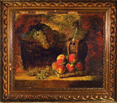 27115905k - Alfred Arthur Brunel de Neuville, 1852-1941 Paris, Stillleben mit Korbflasche, Trauben ...
