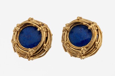 Image Paar 14 kt Gold Lapislazuli-Ohrclips, 1960er Jahre, GG 585/000, abstrakt organisches ...