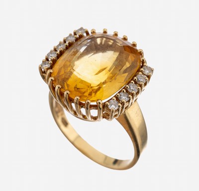 Image 14 kt Gold Citrin-Brillant-Ring, GG 585/ 000, mittig Citrin im kissenf. Treppenschliff ...