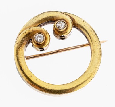 Image 14 kt Gold Diamant-Brosche, um 1900, GG 585/000, rund mit 2 geschwungenen Elementen, ...