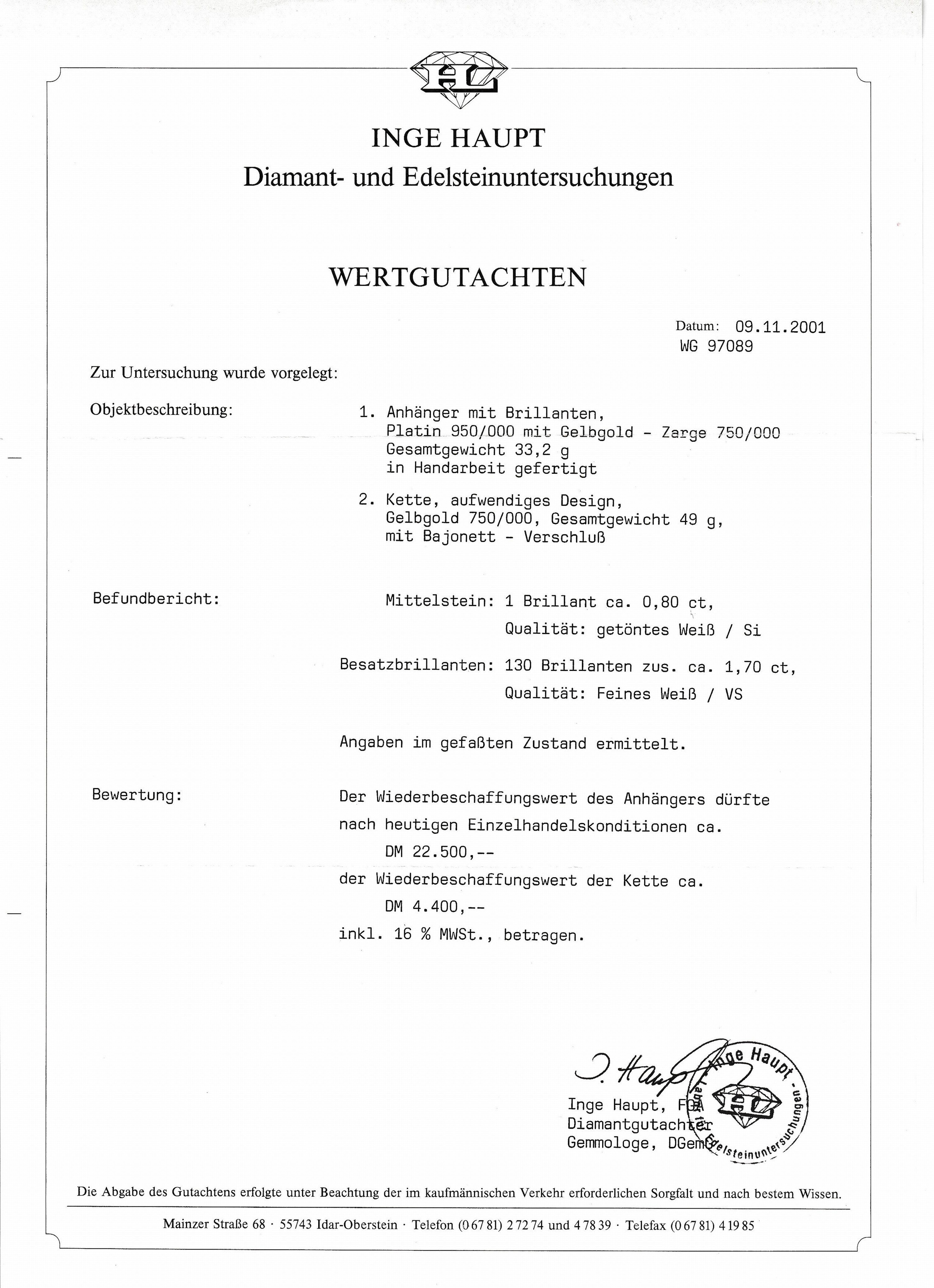 Detail b: Platin Brillant-Anhänger, Pt 950/000, schwere qualitätvolle Verarbeitung, oktogonaleGrundform, mehrstufiger Aufbau, mittig in GG 750/000 gefasster ...