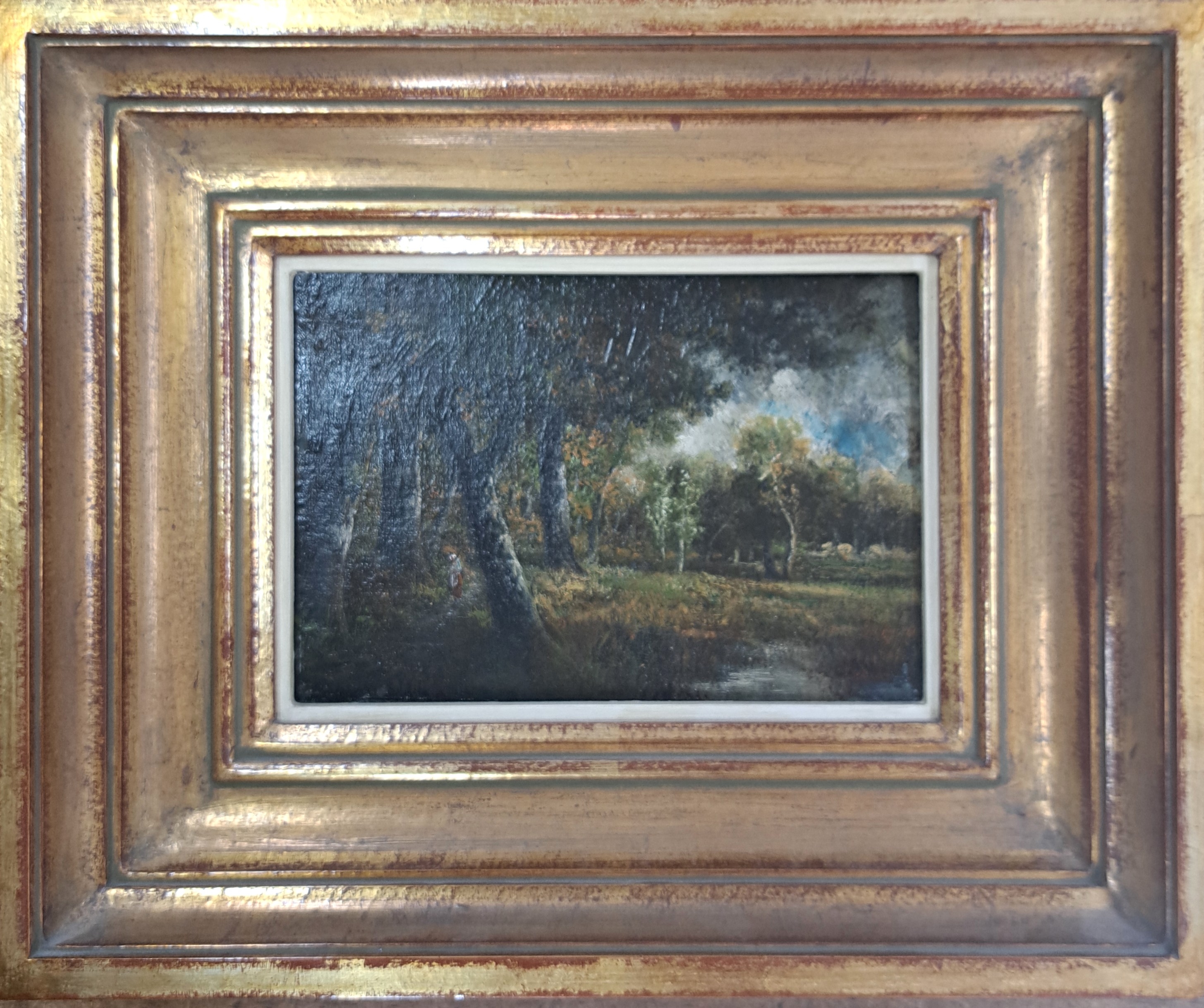 Detail a: Narcisse Virgile Diaz de la Pena, 1807 Bordeaux-1876 Menton, Sommerliche Waldlandschaft mit Gewässer im Vordergrund, seitlich eine Frau, Öl/Holz, ...