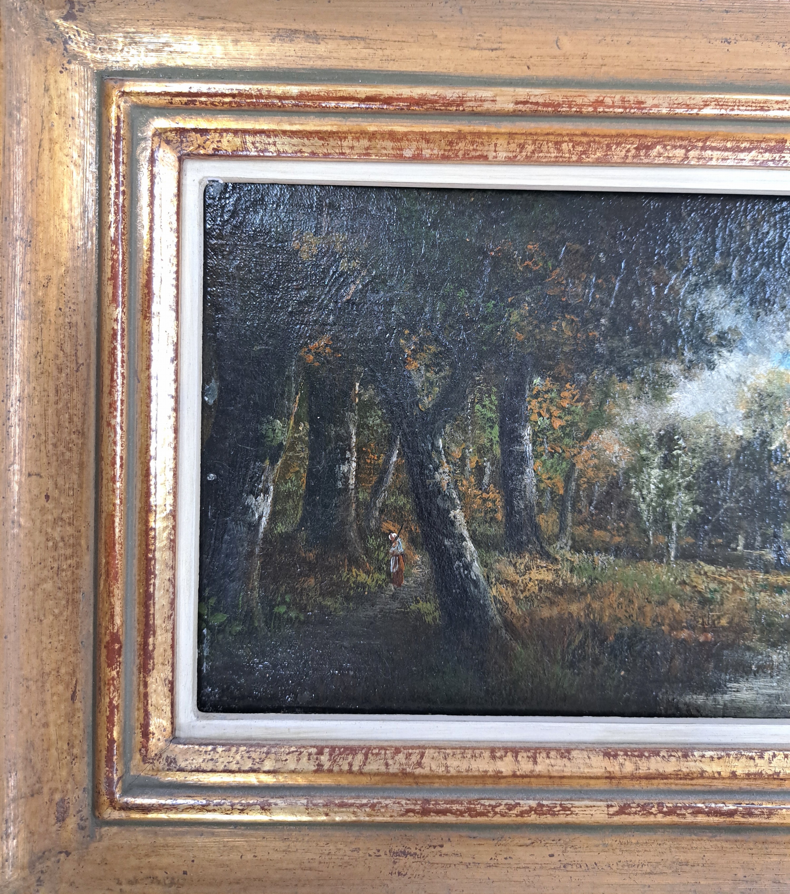 Detail b: Narcisse Virgile Diaz de la Pena, 1807 Bordeaux-1876 Menton, Sommerliche Waldlandschaft mit Gewässer im Vordergrund, seitlich eine Frau, Öl/Holz, ...