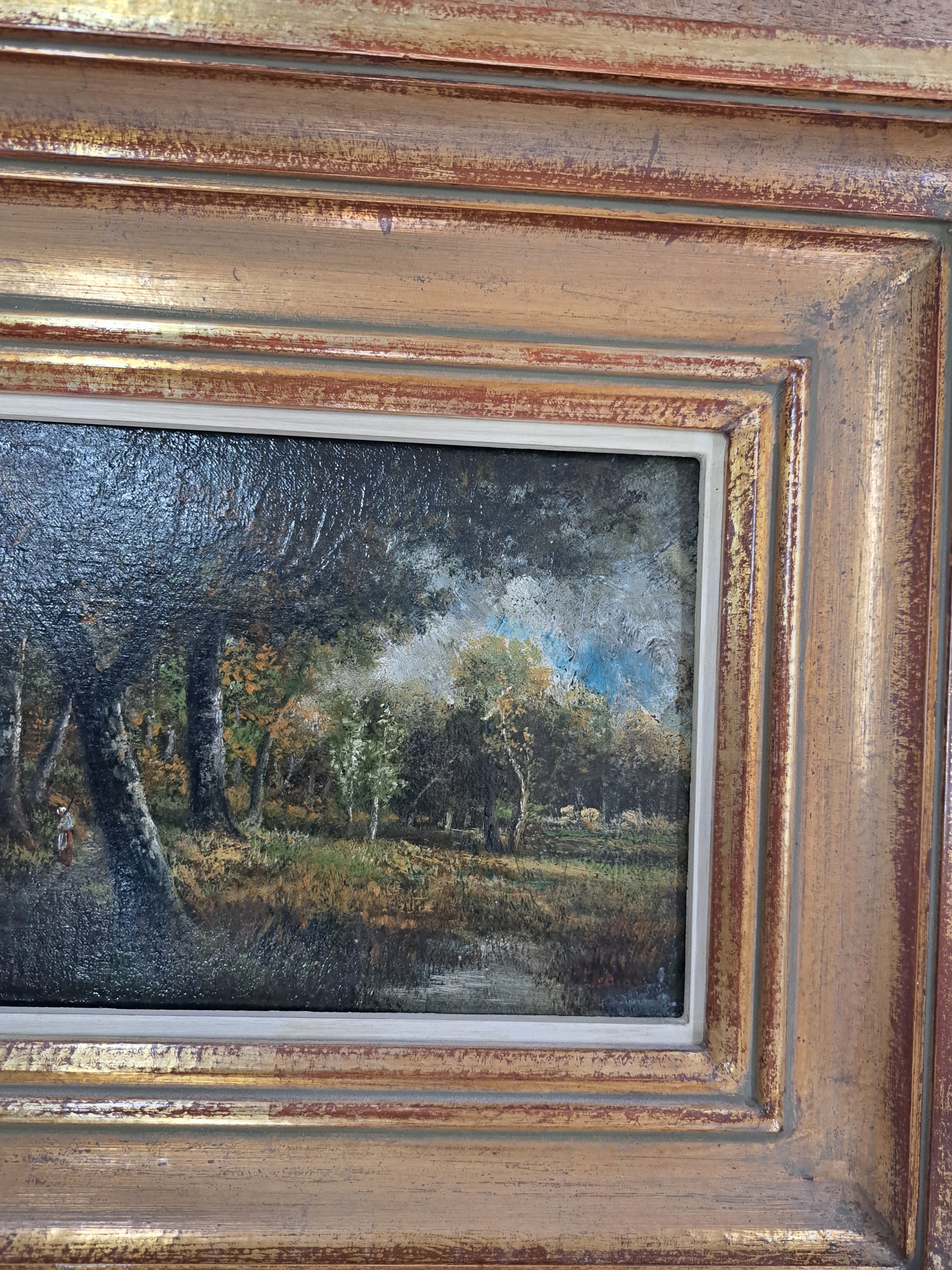 Detail c: Narcisse Virgile Diaz de la Pena, 1807 Bordeaux-1876 Menton, Sommerliche Waldlandschaft mit Gewässer im Vordergrund, seitlich eine Frau, Öl/Holz, ...