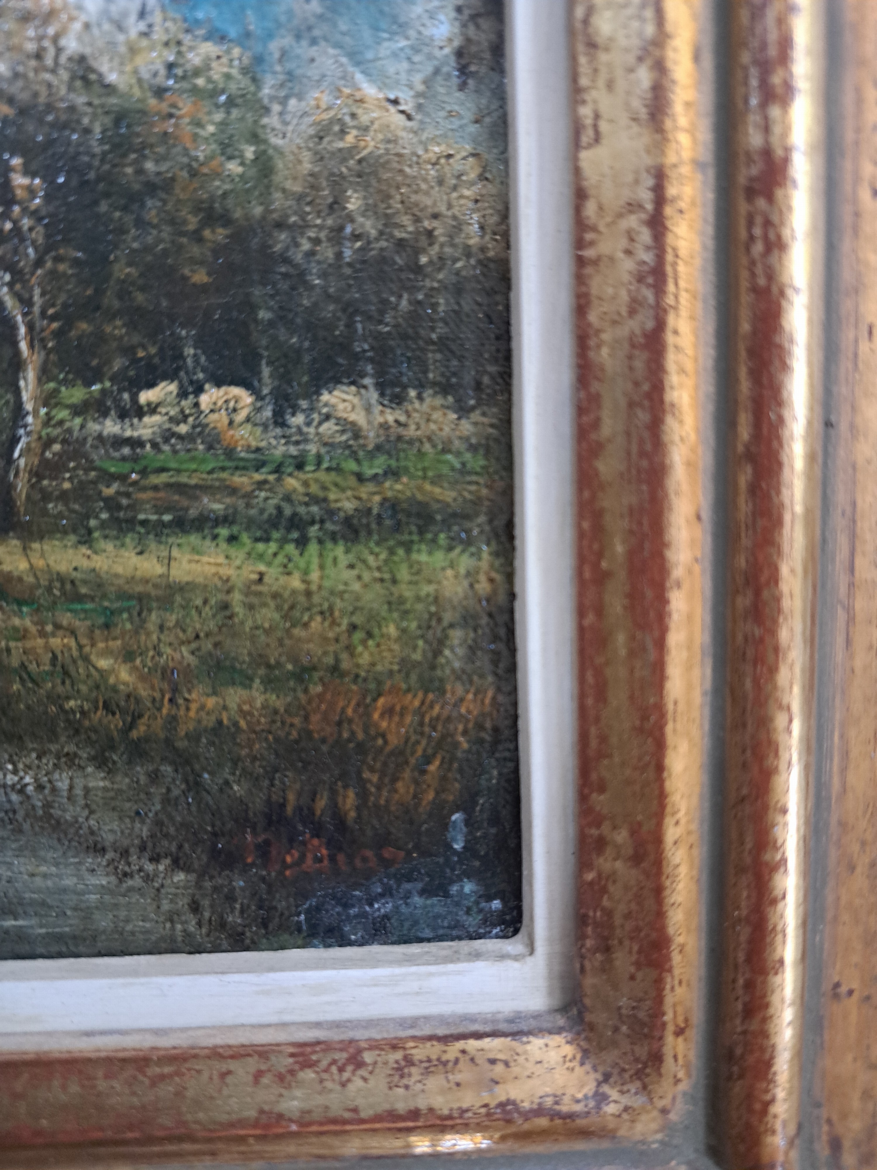 Detail d: Narcisse Virgile Diaz de la Pena, 1807 Bordeaux-1876 Menton, Sommerliche Waldlandschaft mit Gewässer im Vordergrund, seitlich eine Frau, Öl/Holz, ...