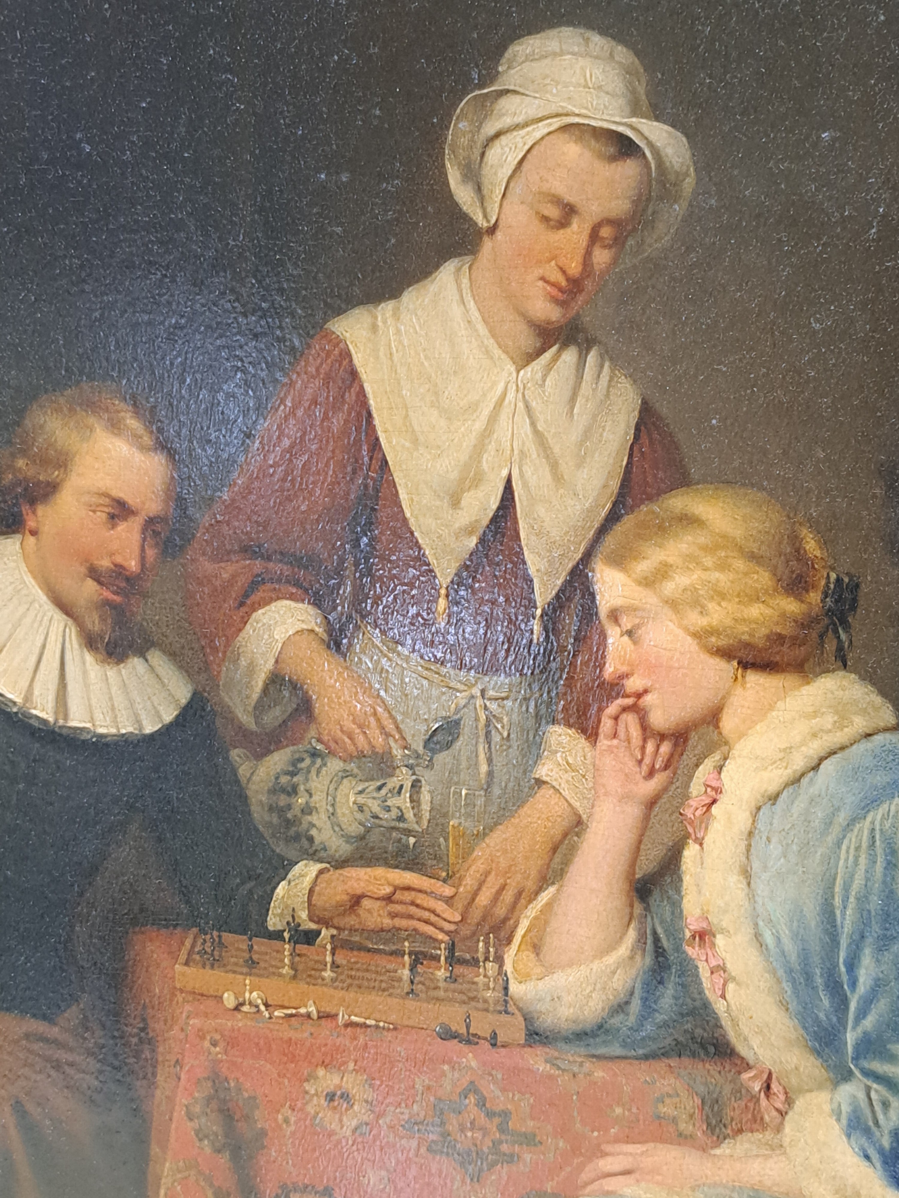Detail a: Victor Francois Guillaume van Hove, 1826-1891 Belgien, Hugo de Groot beim Schachspiel mit seiner Frau, im Hintergrund Elsje van Houweninge, so ...