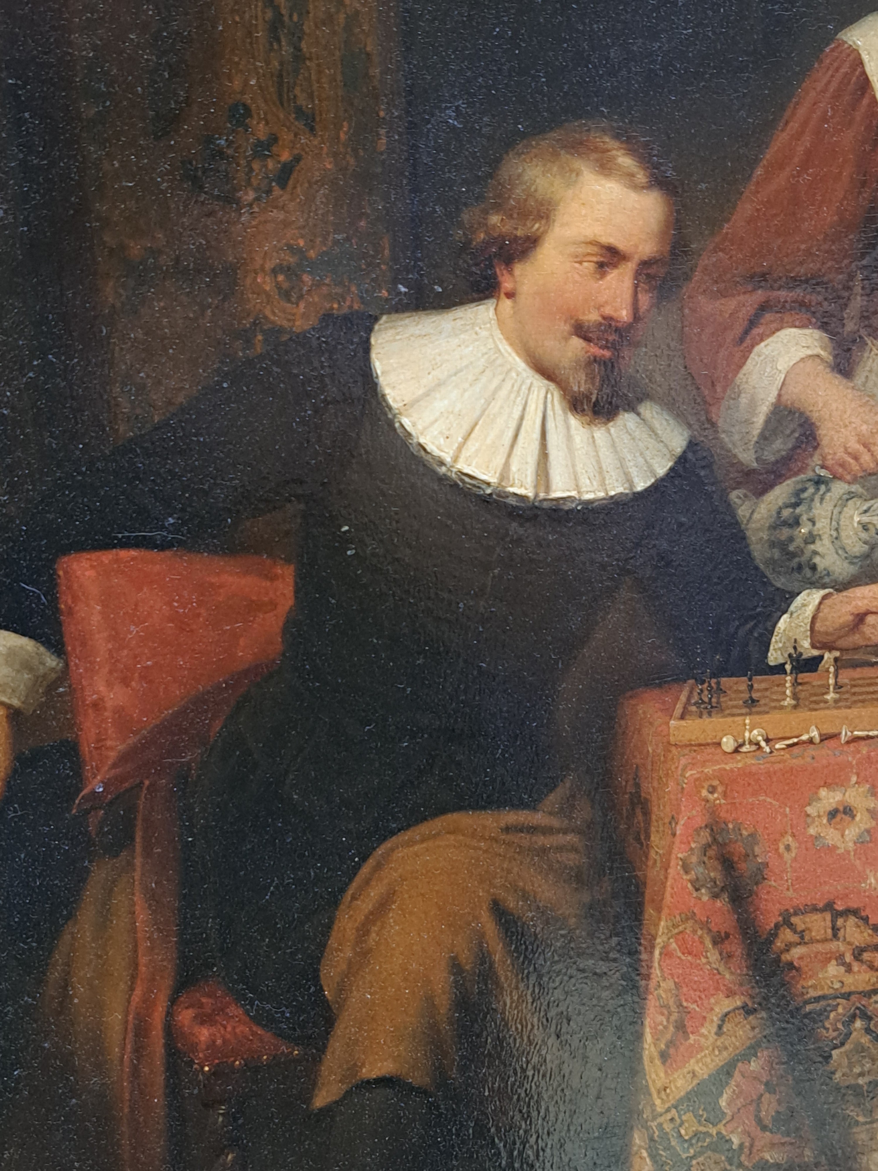 Detail d: Victor Francois Guillaume van Hove, 1826-1891 Belgien, Hugo de Groot beim Schachspiel mit seiner Frau, im Hintergrund Elsje van Houweninge, so ...