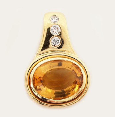 27116069c - 18 kt gold citrine-diamond-clippendant , YG 750/000, high quality workmanship, oval ...