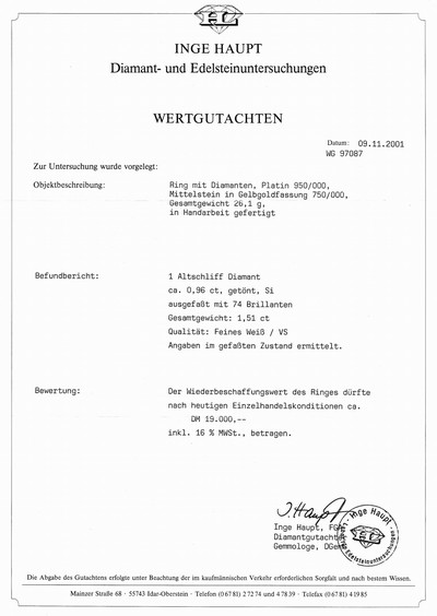 27116071a - Platin Diamant-Ring, Pt 950/000, schwere qualitätvolle Verarbeitung, mittig in GG ...