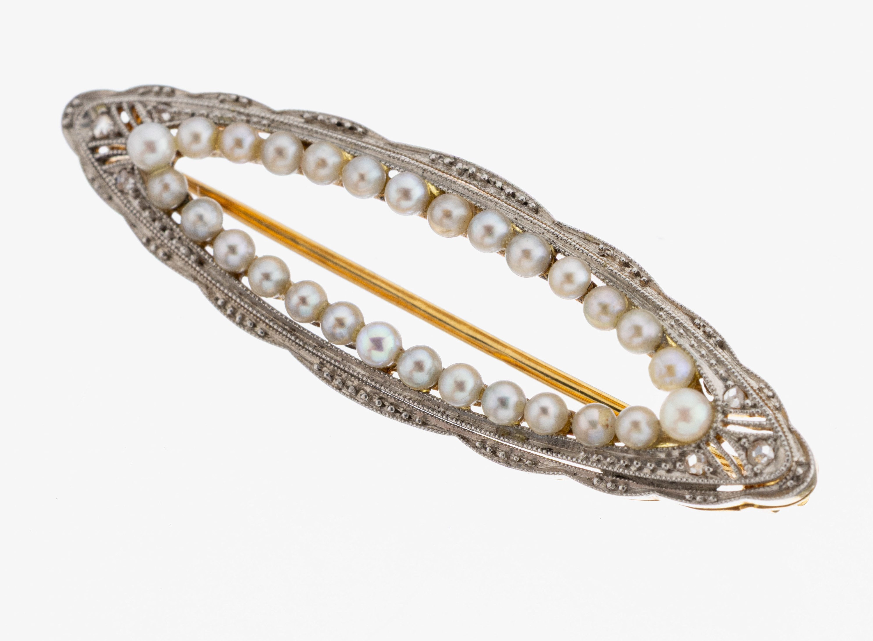 Image 27116102 - 14 kt Gold Perl-Diamant-Brosche, um 1930, GG/WG 585/000 gepr., feine zarte ...