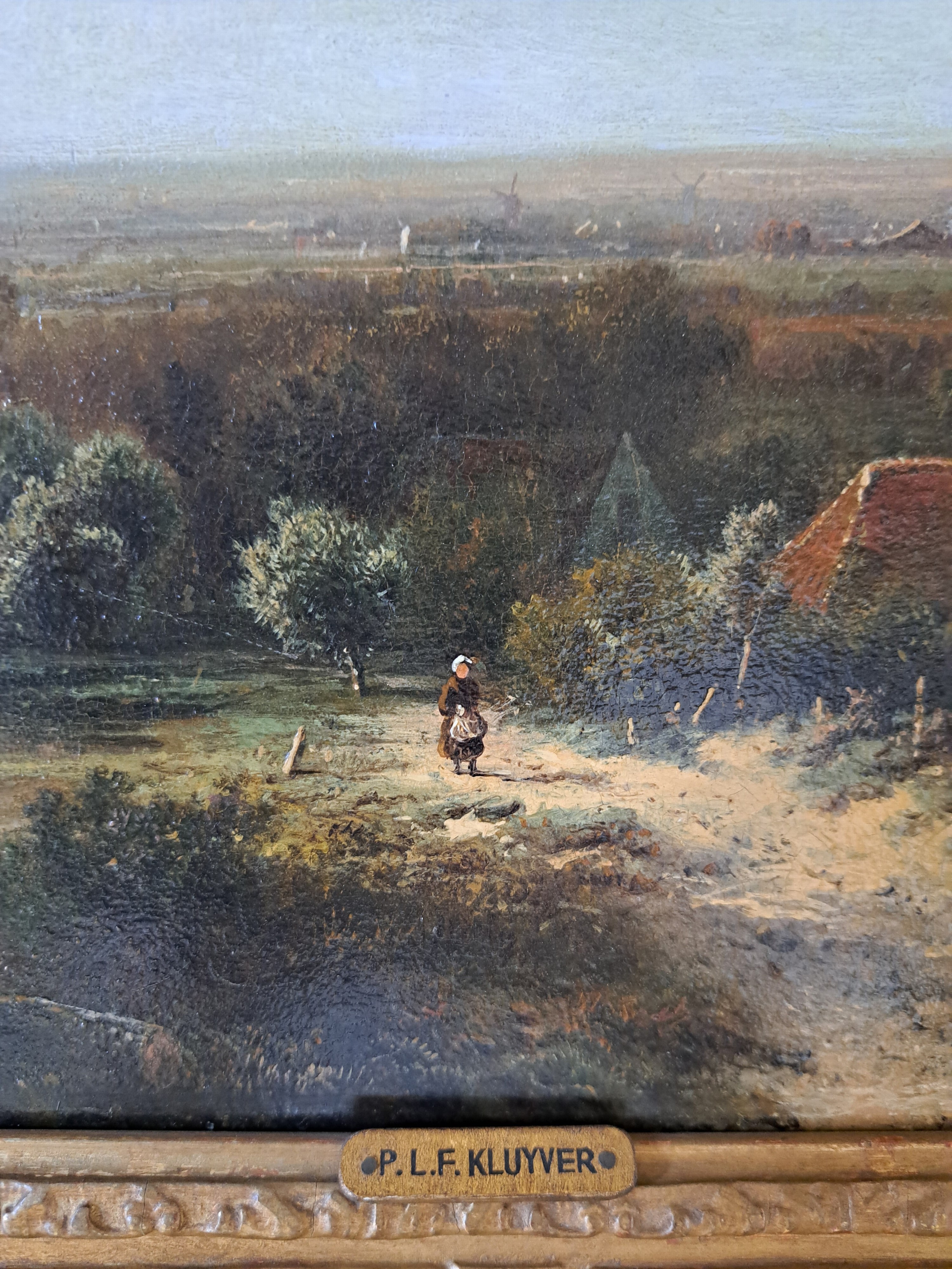 Detail i: Pieter Lodewijk Kluyver, 1816-1900 Amsterdam , Niederländische sommerliche Landschaft mit Bauernhaus und Bäuerin, Öl/Holz, links unten signiert, ...