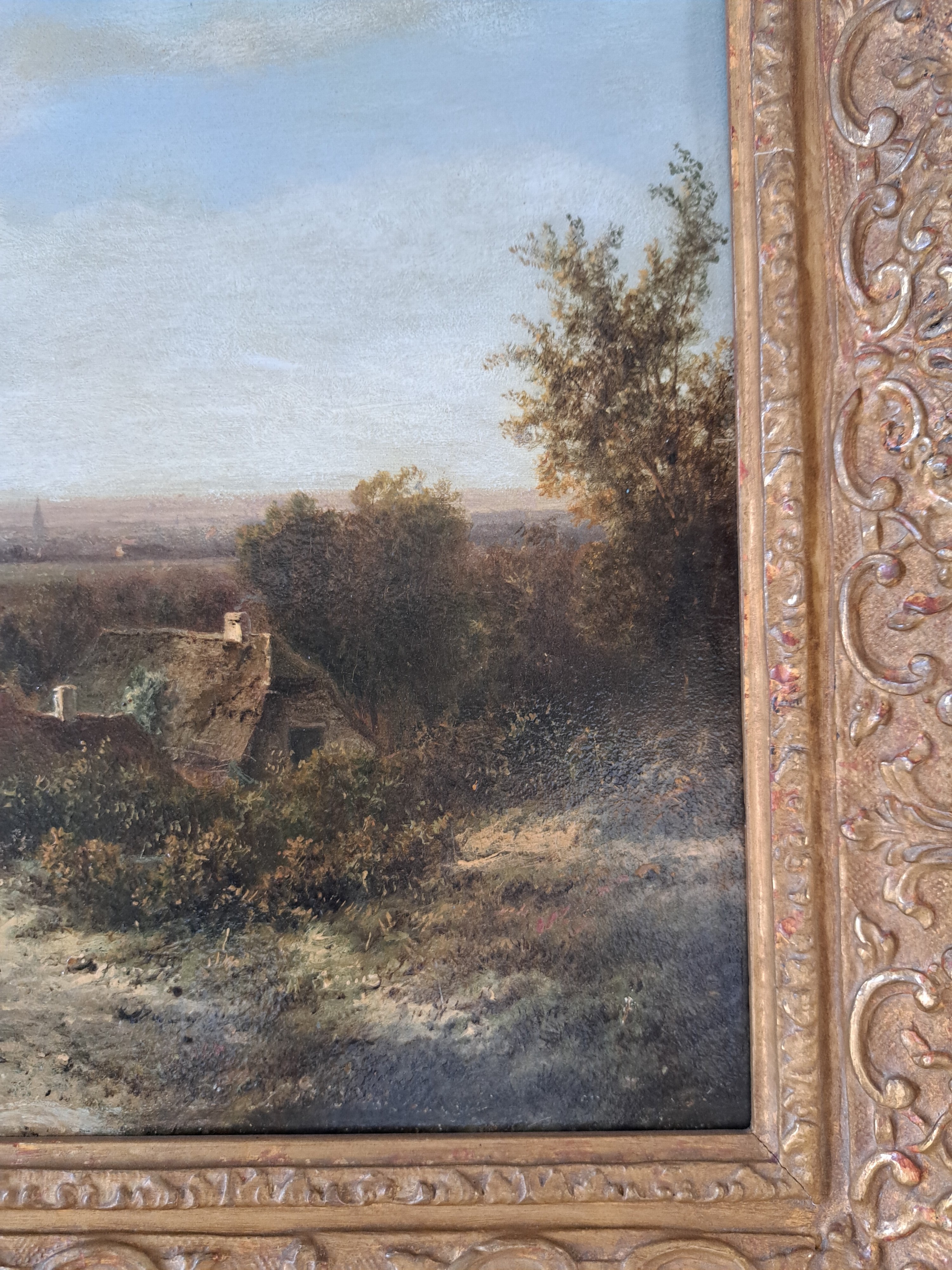 Detail l: Pieter Lodewijk Kluyver, 1816-1900 Amsterdam , Niederländische sommerliche Landschaft mit Bauernhaus und Bäuerin, Öl/Holz, links unten signiert, ...
