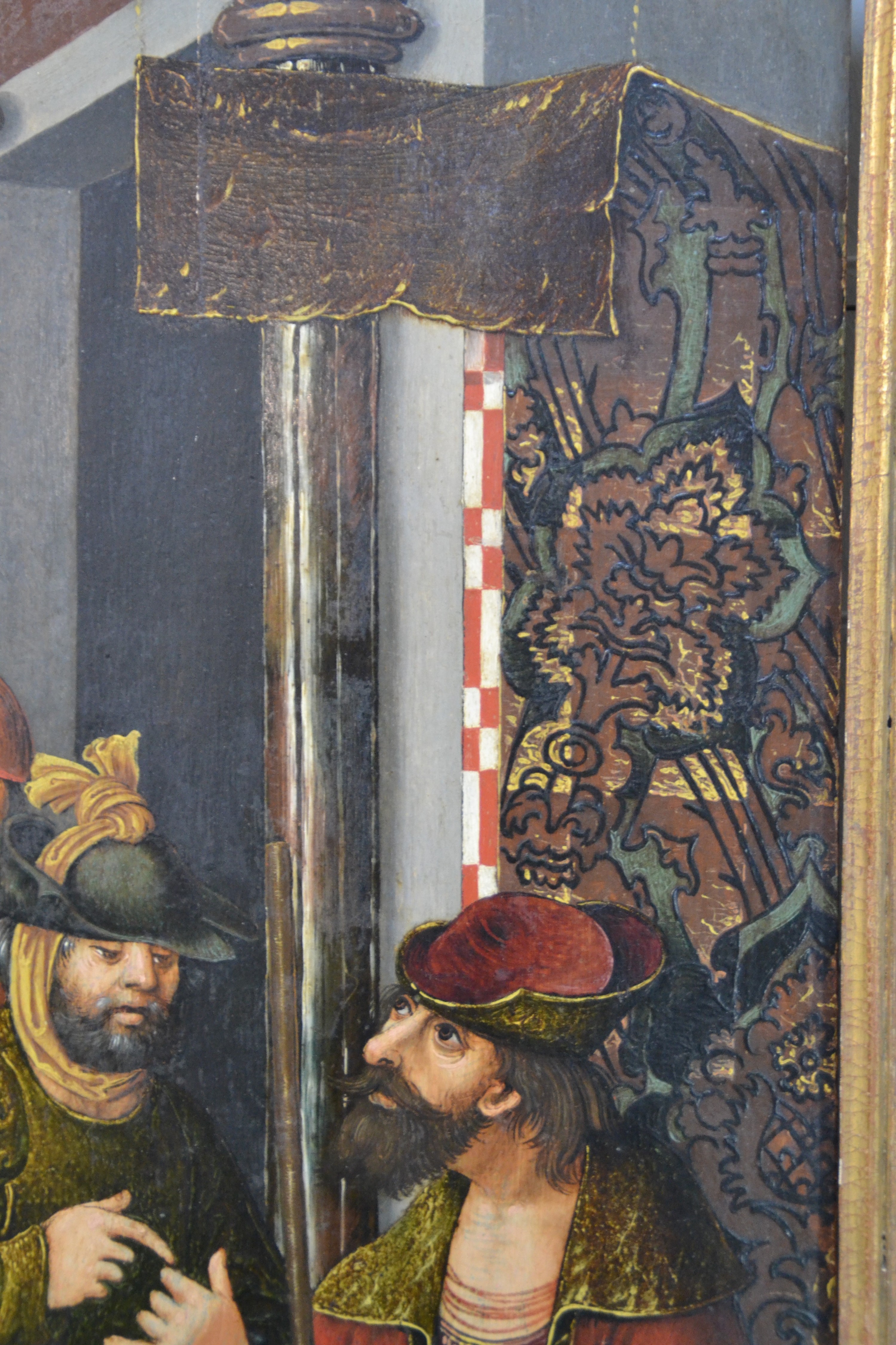Detail b: Maler wohl aus der Gefolgschaft des Meisters des Wiener Schottenaltars, um 1480-1500, Christus vor Pilatus, Tafel wohl eines Flügelaltars, Öl/Holz, ...