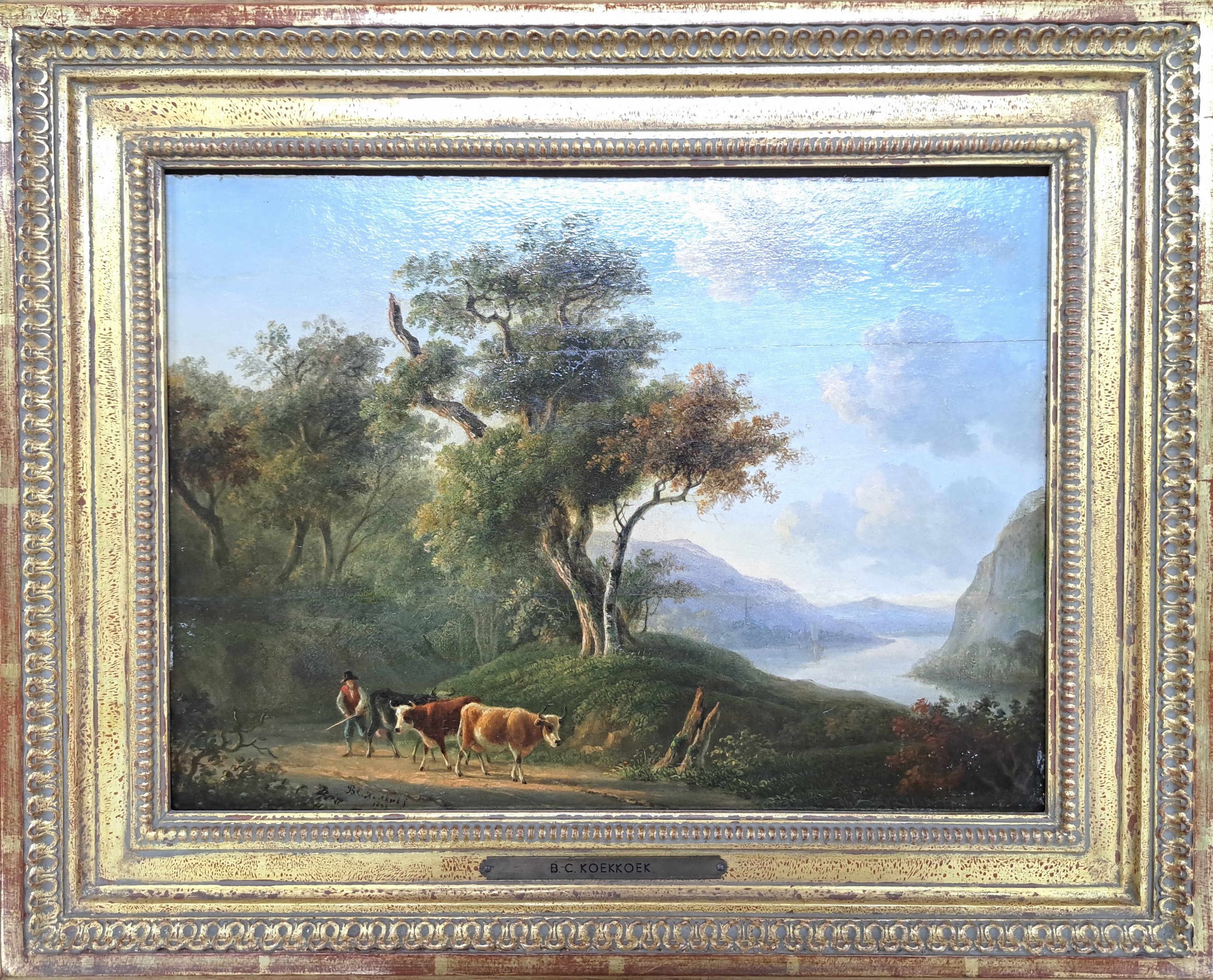 Detail a: Barend Cornelis Koekkoek, 1803 Middelburg-1862 Kleve, Ideale Landschaft mit Flusslauf, im Vordergrund Bauer mit Kühen, Öl/Holz, zwei alt ...