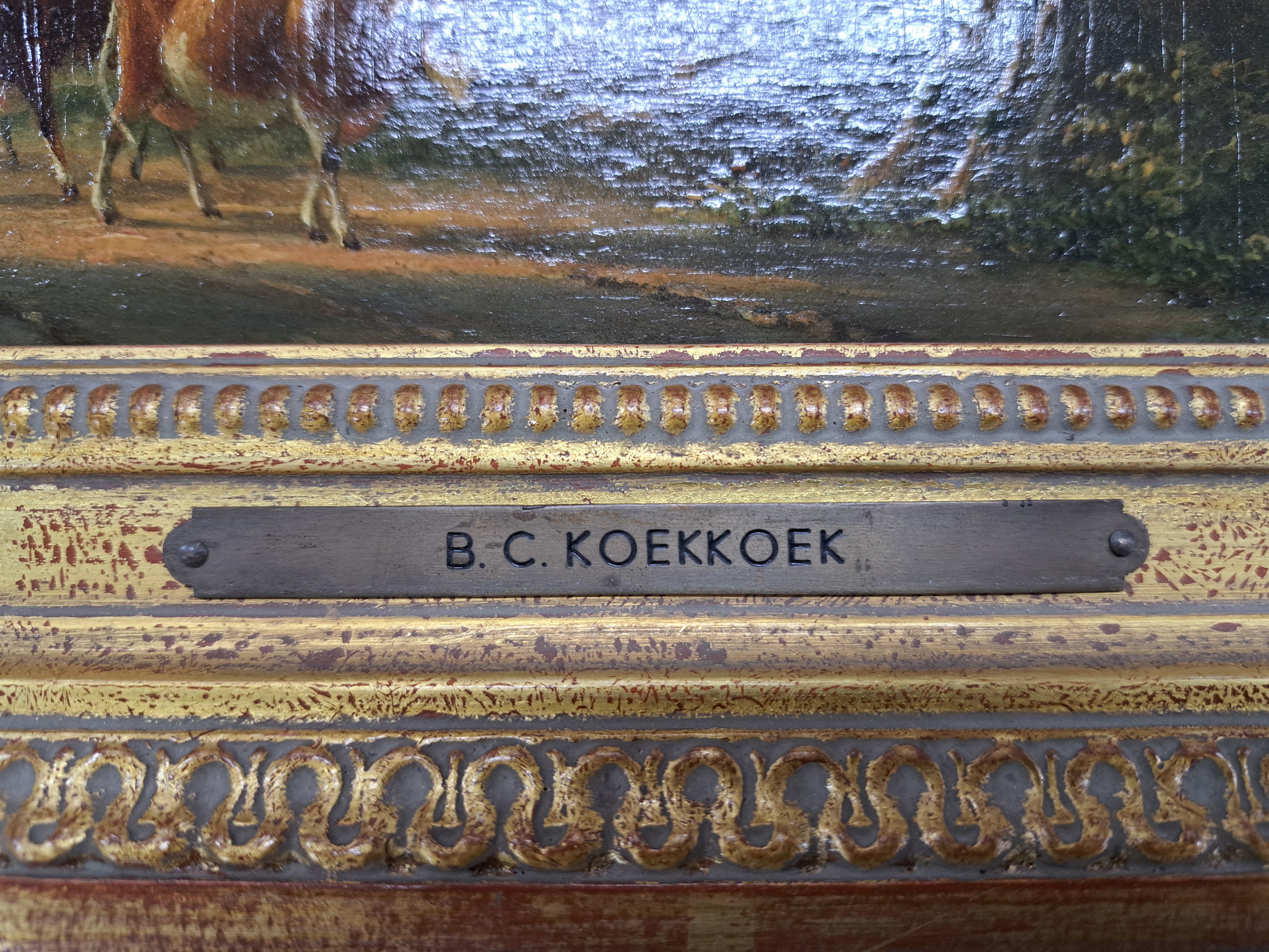 Detail b: Barend Cornelis Koekkoek, 1803 Middelburg-1862 Kleve, Ideale Landschaft mit Flusslauf, im Vordergrund Bauer mit Kühen, Öl/Holz, zwei alt ...