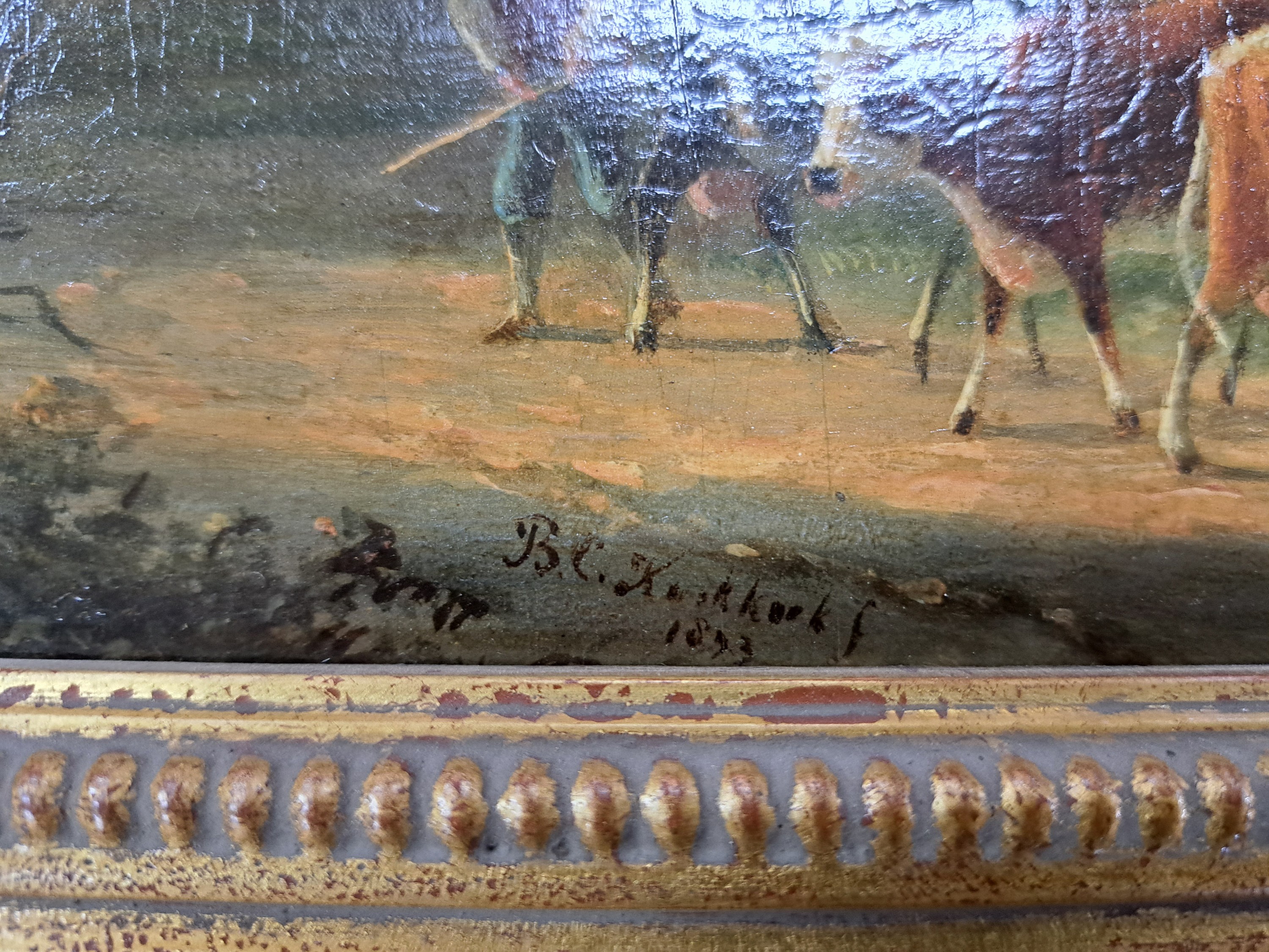 Detail c: Barend Cornelis Koekkoek, 1803 Middelburg-1862 Kleve, Ideale Landschaft mit Flusslauf, im Vordergrund Bauer mit Kühen, Öl/Holz, zwei alt ...