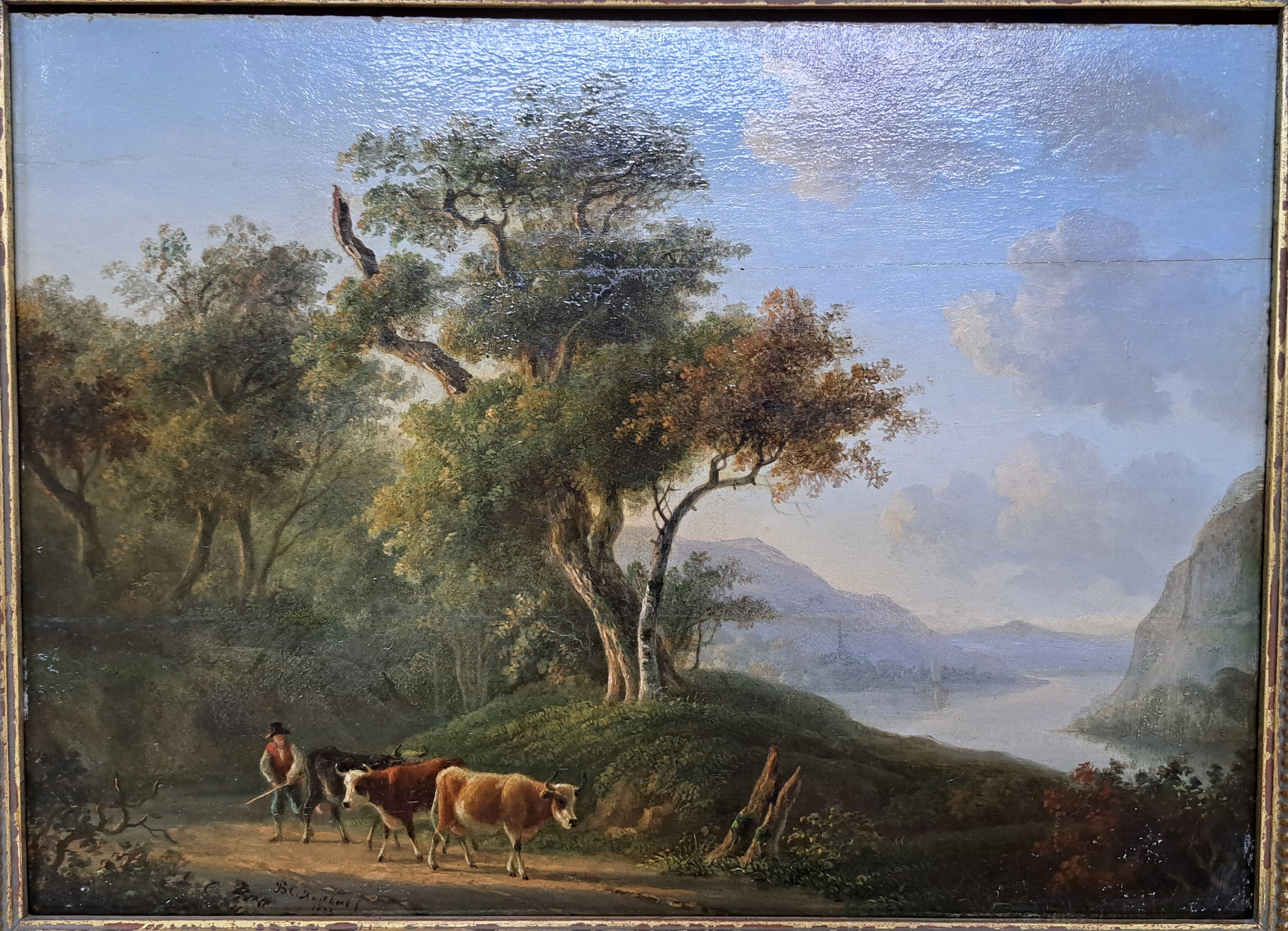Detail d: Barend Cornelis Koekkoek, 1803 Middelburg-1862 Kleve, Ideale Landschaft mit Flusslauf, im Vordergrund Bauer mit Kühen, Öl/Holz, zwei alt ...