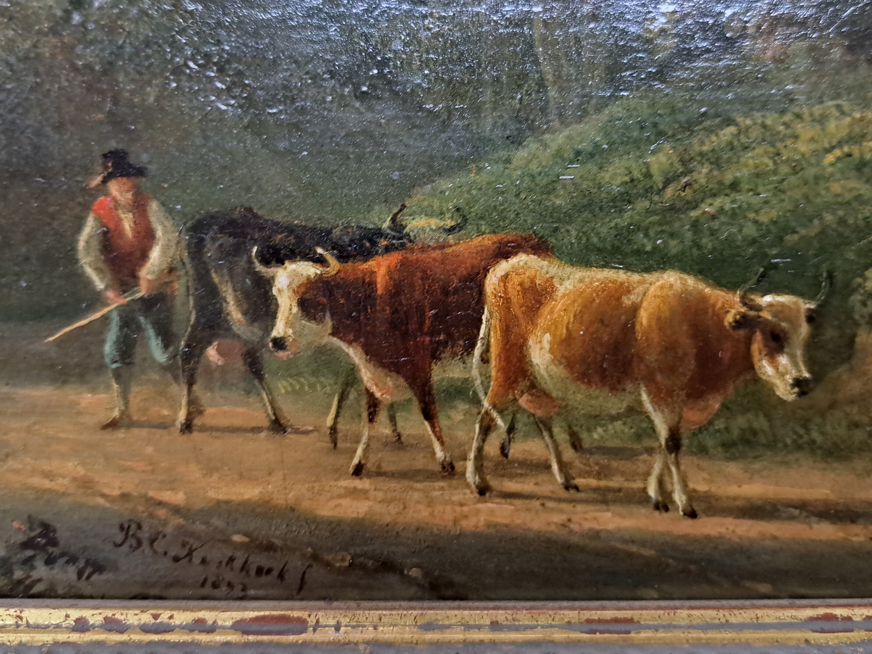 Detail e: Barend Cornelis Koekkoek, 1803 Middelburg-1862 Kleve, Ideale Landschaft mit Flusslauf, im Vordergrund Bauer mit Kühen, Öl/Holz, zwei alt ...