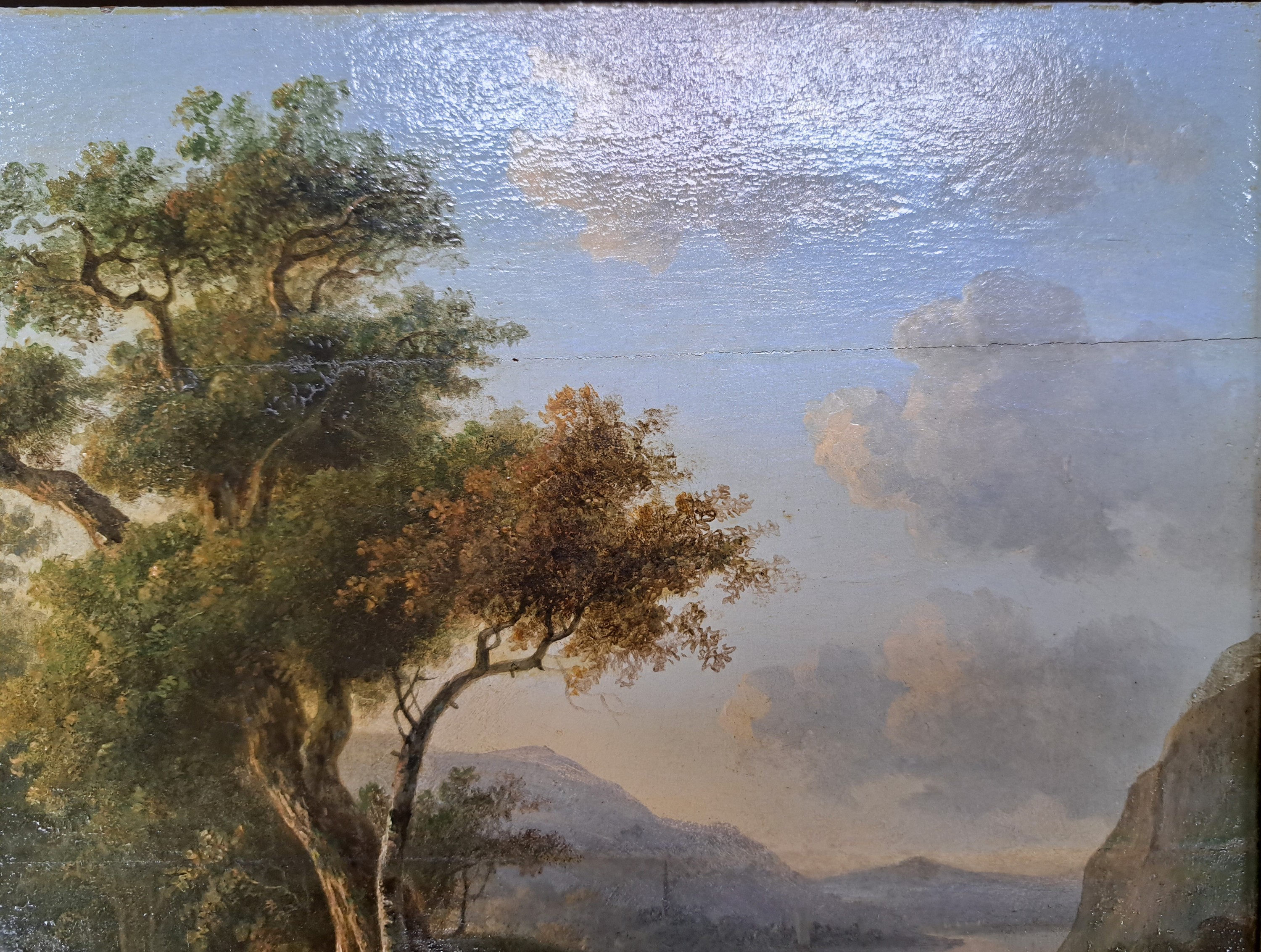 Detail f: Barend Cornelis Koekkoek, 1803 Middelburg-1862 Kleve, Ideale Landschaft mit Flusslauf, im Vordergrund Bauer mit Kühen, Öl/Holz, zwei alt ...