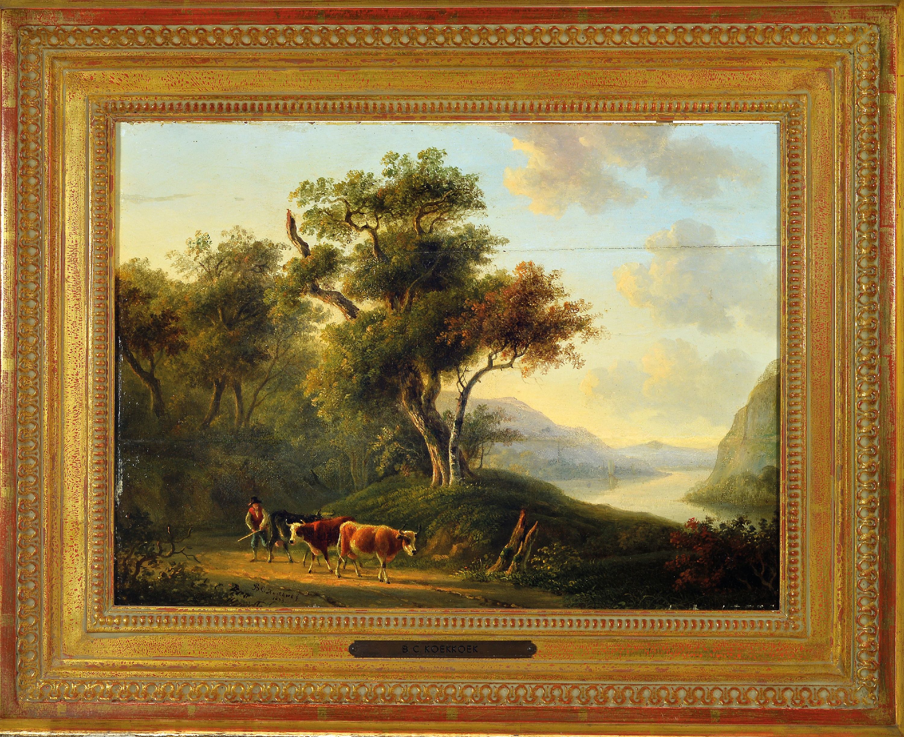 Detail k: Barend Cornelis Koekkoek, 1803 Middelburg-1862 Kleve, Ideale Landschaft mit Flusslauf, im Vordergrund Bauer mit Kühen, Öl/Holz, zwei alt ...