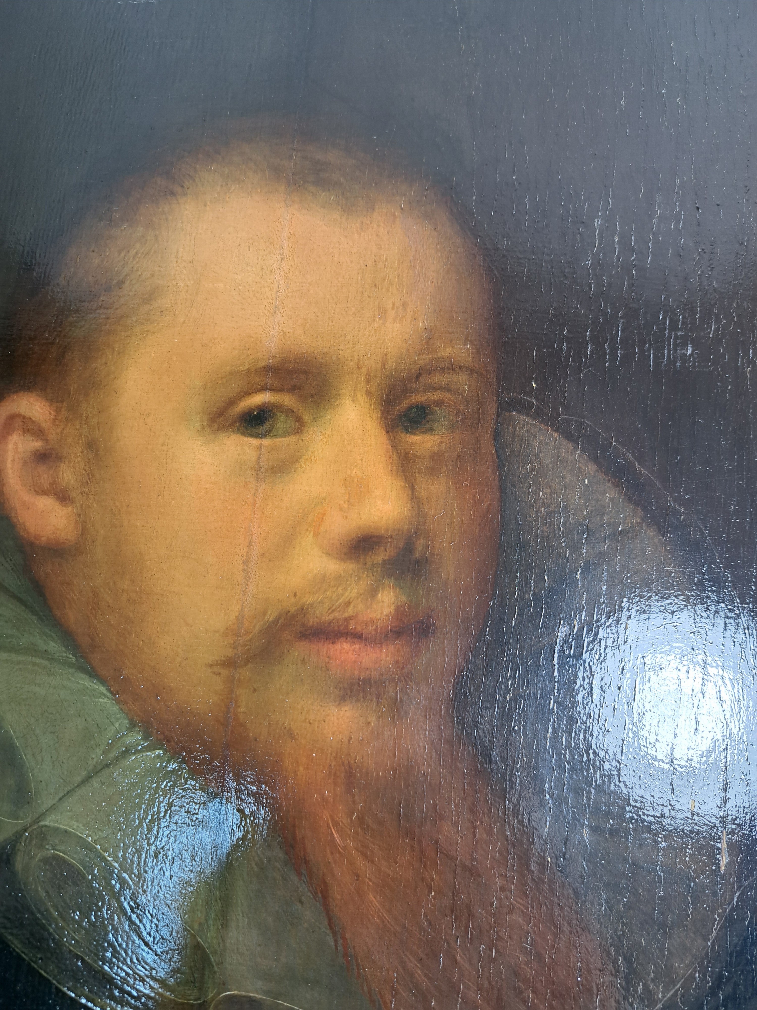 Detail g: Gortzius Geldorp, 1553 Leuven-1618 Köln, Porträt eines 29jährigen Mannes mit Bart und Mühlenkragen, Öl/Holz, alt restaurierter Längsriss, links ...