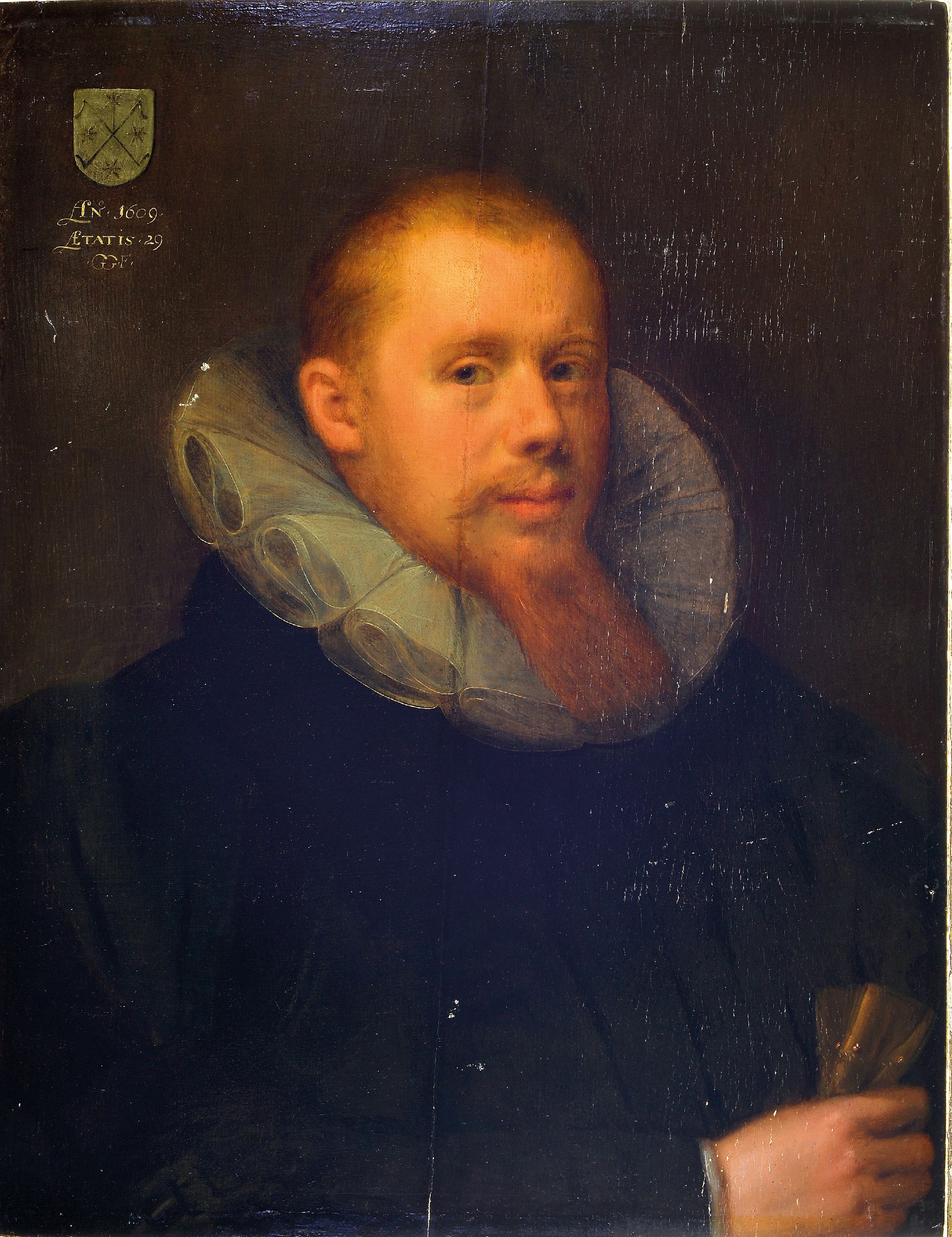 Detail k: Gortzius Geldorp, 1553 Leuven-1618 Köln, Porträt eines 29jährigen Mannes mit Bart und Mühlenkragen, Öl/Holz, alt restaurierter Längsriss, links ...