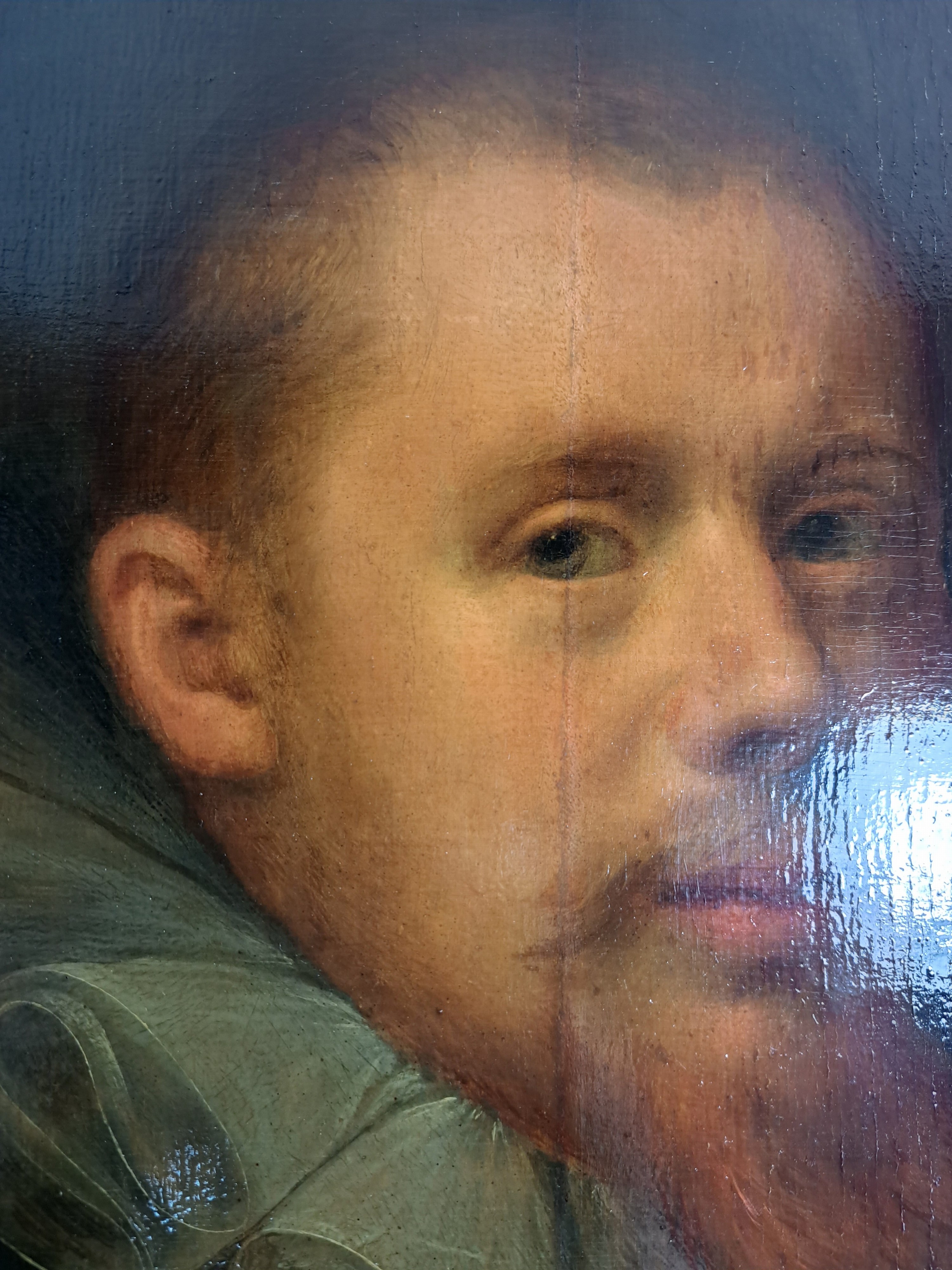 Detail n: Gortzius Geldorp, 1553 Leuven-1618 Köln, Porträt eines 29jährigen Mannes mit Bart und Mühlenkragen, Öl/Holz, alt restaurierter Längsriss, links ...