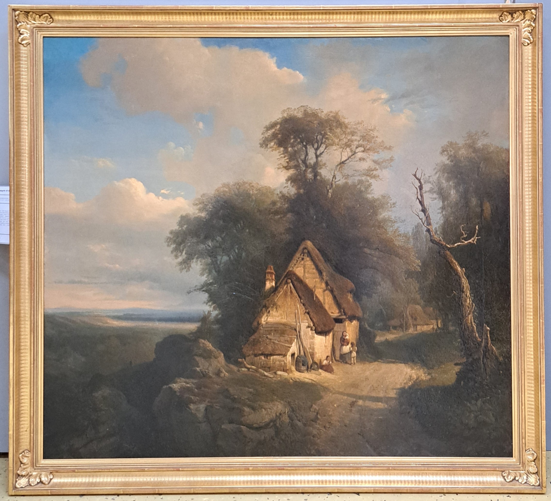 Detail a: Leopold Kuwasseg, 1804 Triest-1862 Graz, strohgedeckte Bauernhäuser mit Personen am Waldrand, rechts Blick in weite flache Landschaft, ...