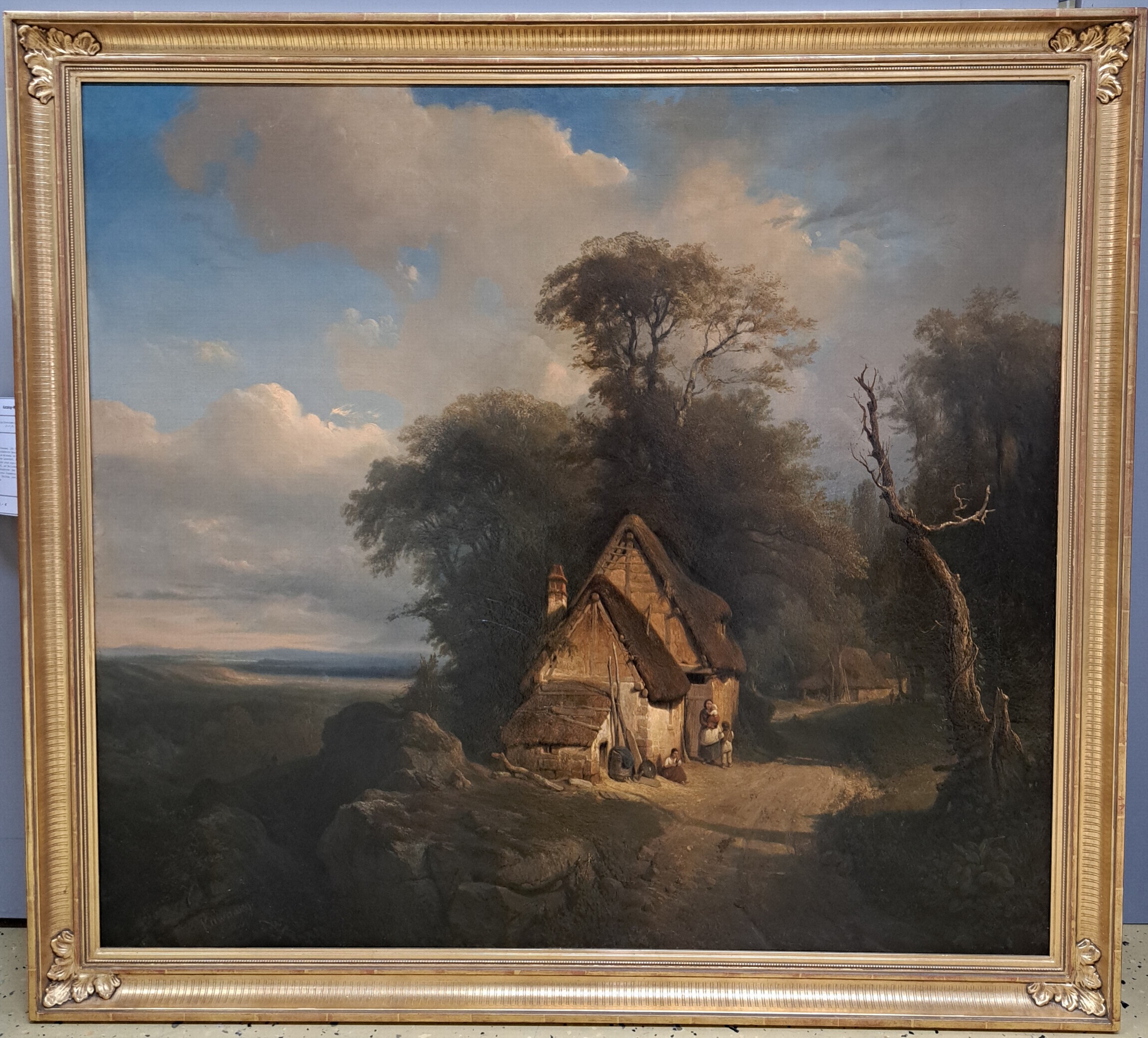 Detail b: Leopold Kuwasseg, 1804 Triest-1862 Graz, strohgedeckte Bauernhäuser mit Personen am Waldrand, rechts Blick in weite flache Landschaft, ...