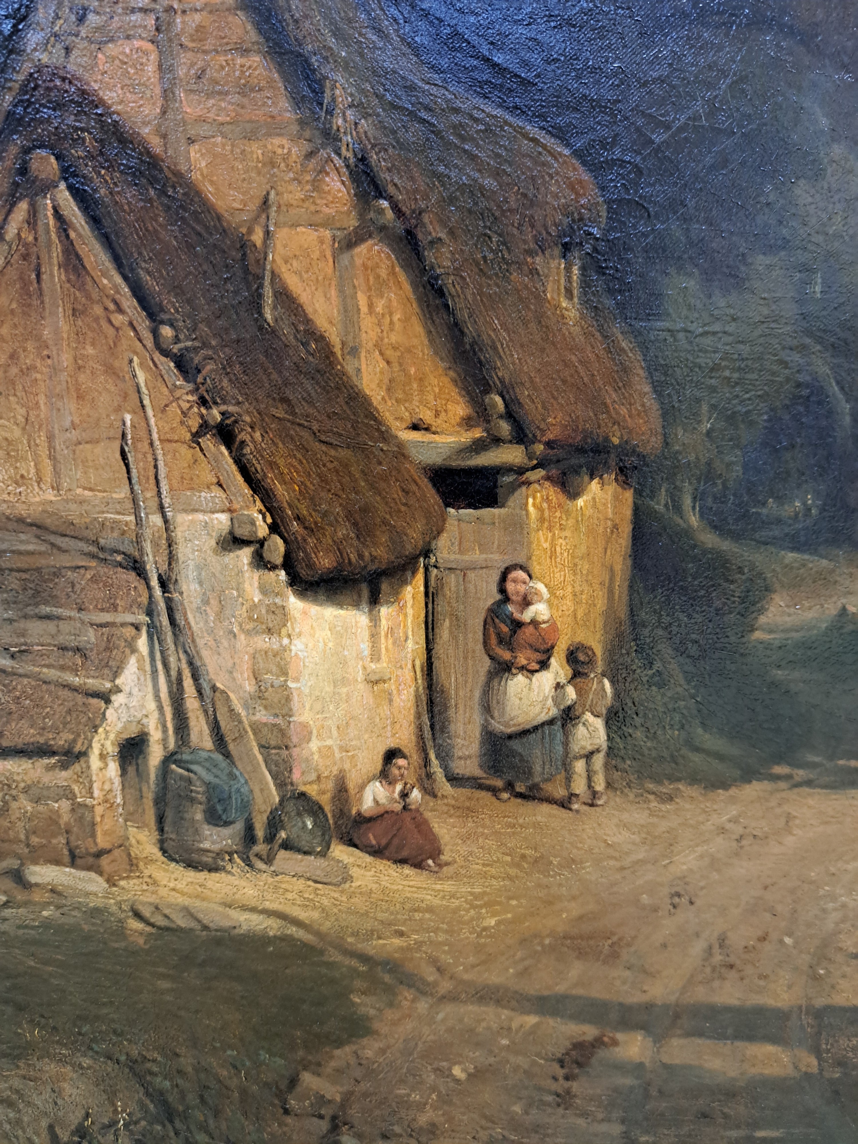 Detail d: Leopold Kuwasseg, 1804 Triest-1862 Graz, strohgedeckte Bauernhäuser mit Personen am Waldrand, rechts Blick in weite flache Landschaft, ...