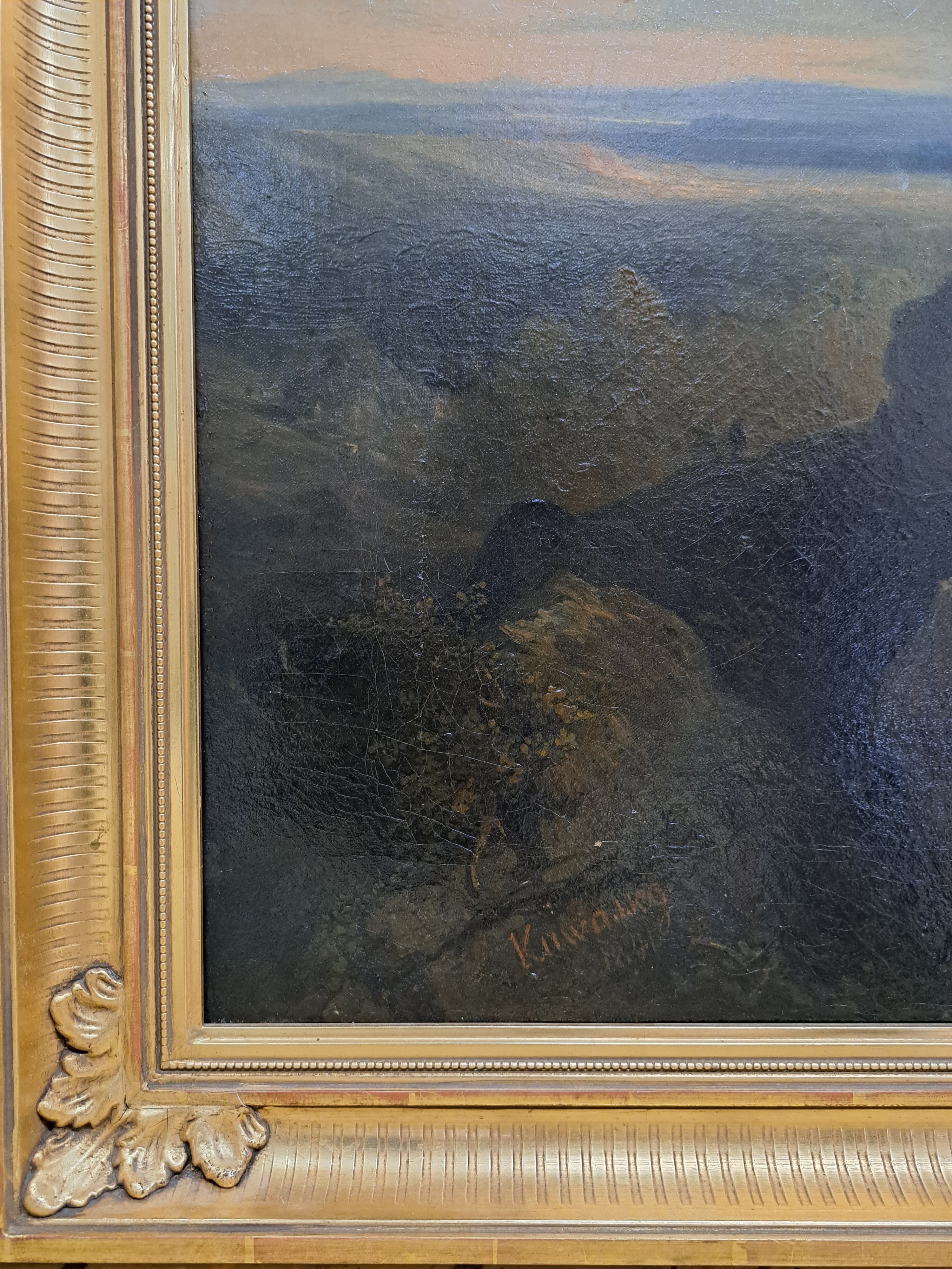 Detail e: Leopold Kuwasseg, 1804 Triest-1862 Graz, strohgedeckte Bauernhäuser mit Personen am Waldrand, rechts Blick in weite flache Landschaft, ...