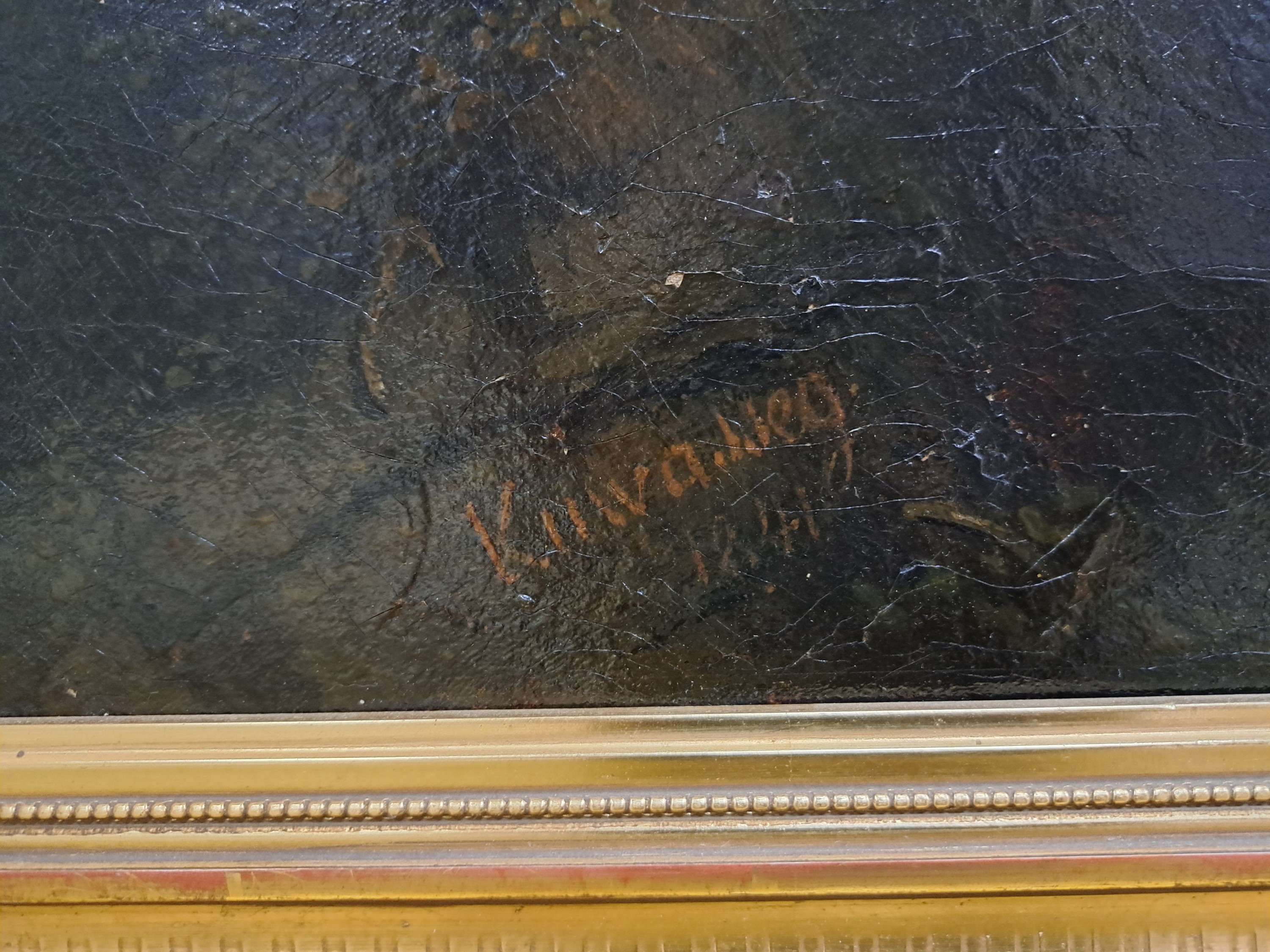 Detail f: Leopold Kuwasseg, 1804 Triest-1862 Graz, strohgedeckte Bauernhäuser mit Personen am Waldrand, rechts Blick in weite flache Landschaft, ...
