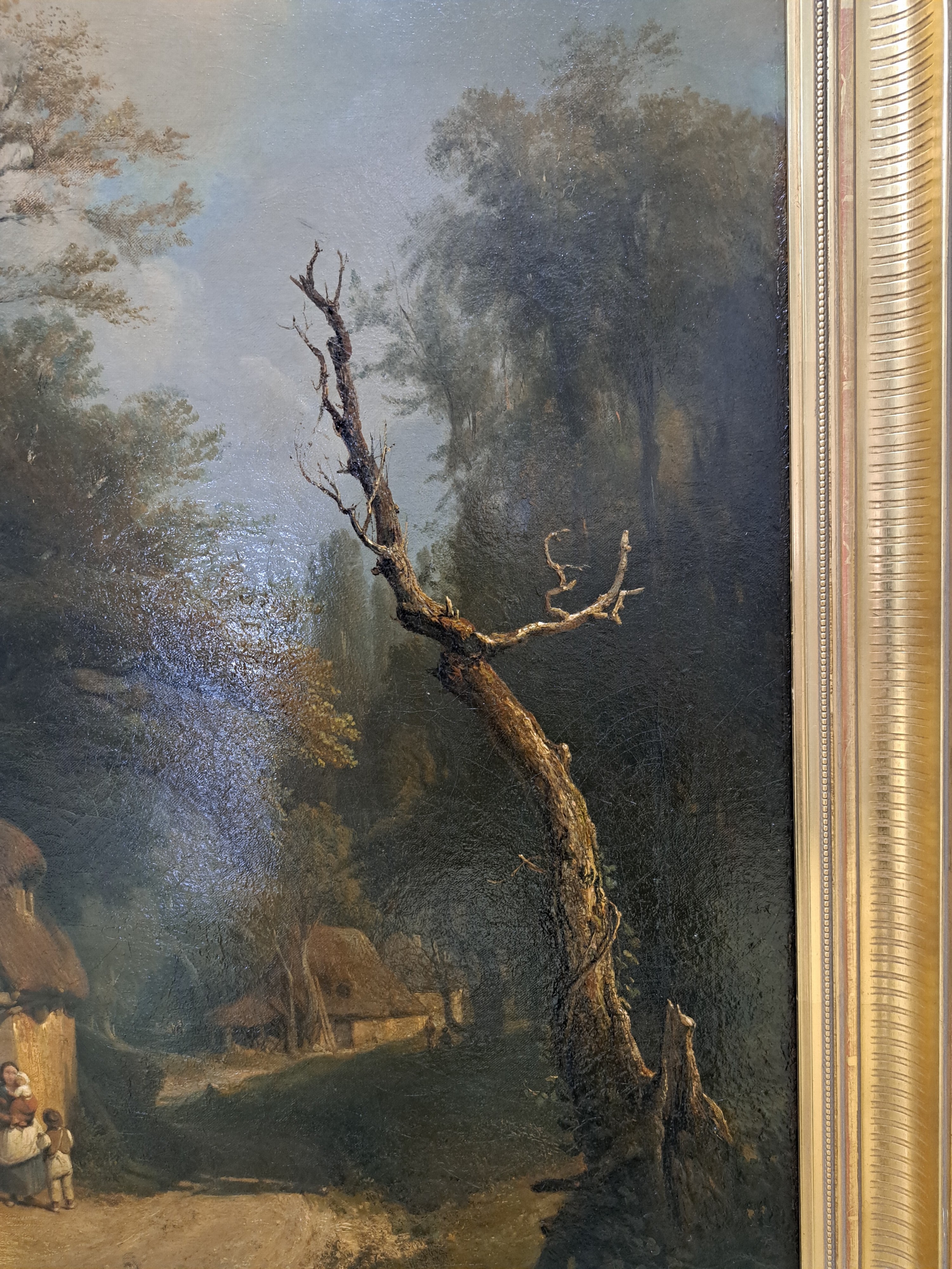 Detail g: Leopold Kuwasseg, 1804 Triest-1862 Graz, strohgedeckte Bauernhäuser mit Personen am Waldrand, rechts Blick in weite flache Landschaft, ...