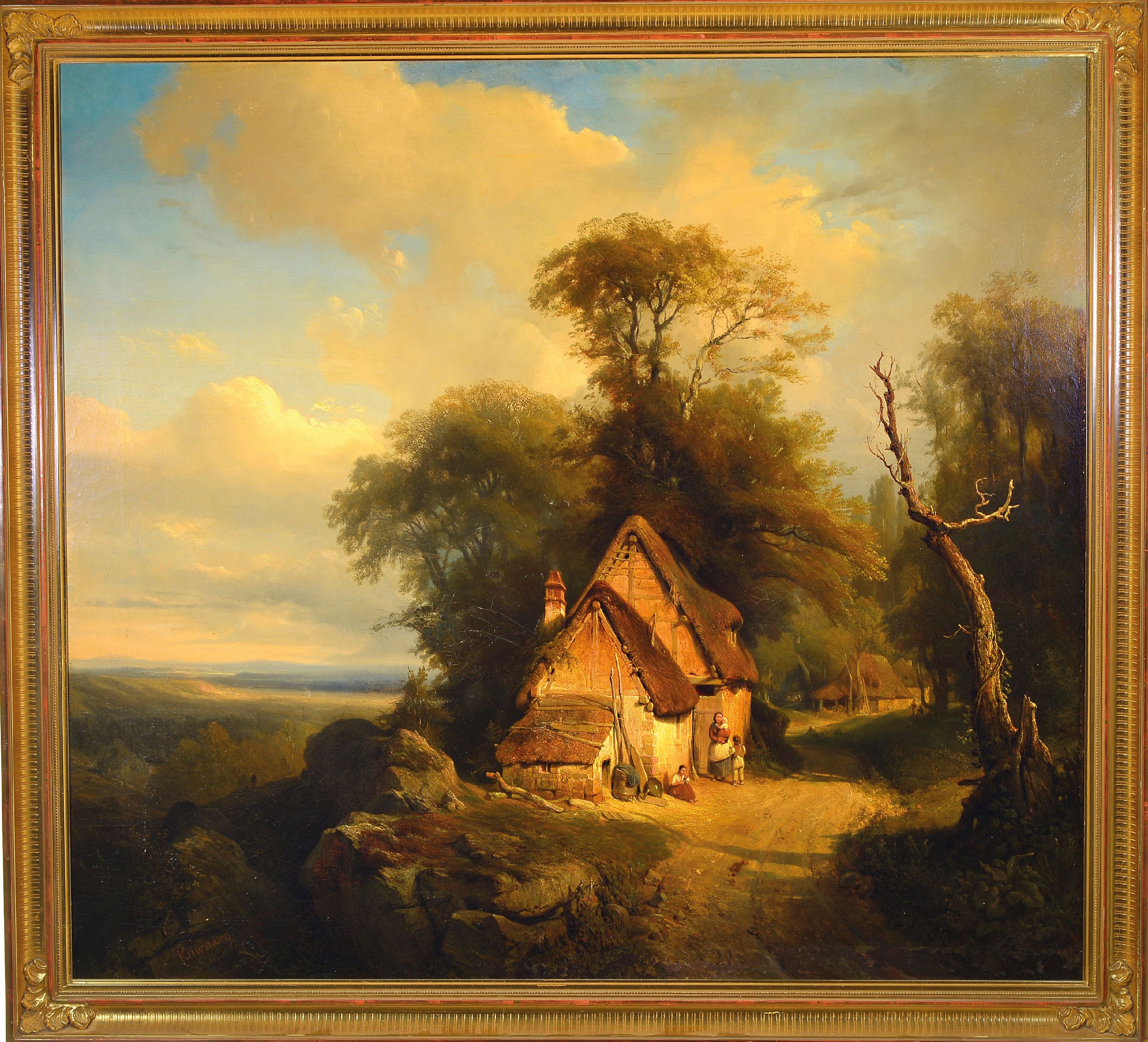 Detail k: Leopold Kuwasseg, 1804 Triest-1862 Graz, strohgedeckte Bauernhäuser mit Personen am Waldrand, rechts Blick in weite flache Landschaft, ...