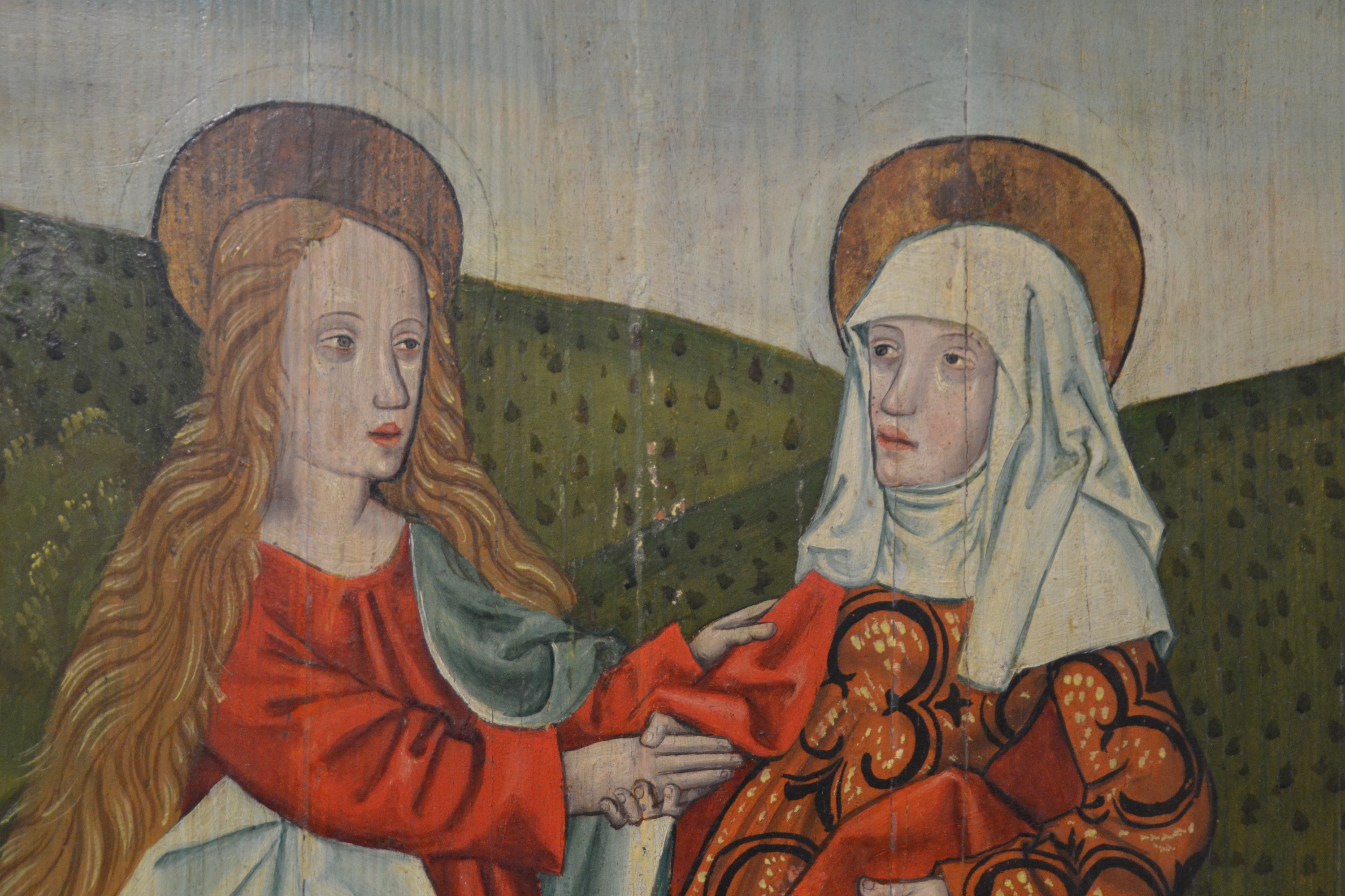 Detail e: Retabel-Flügel, süddeutsch, ausgehendes 15.Jh., recto: Die Heimsuchung Maria und Jesu Darbringung im Tempel, verso: Standbild eines Heiligen im ...