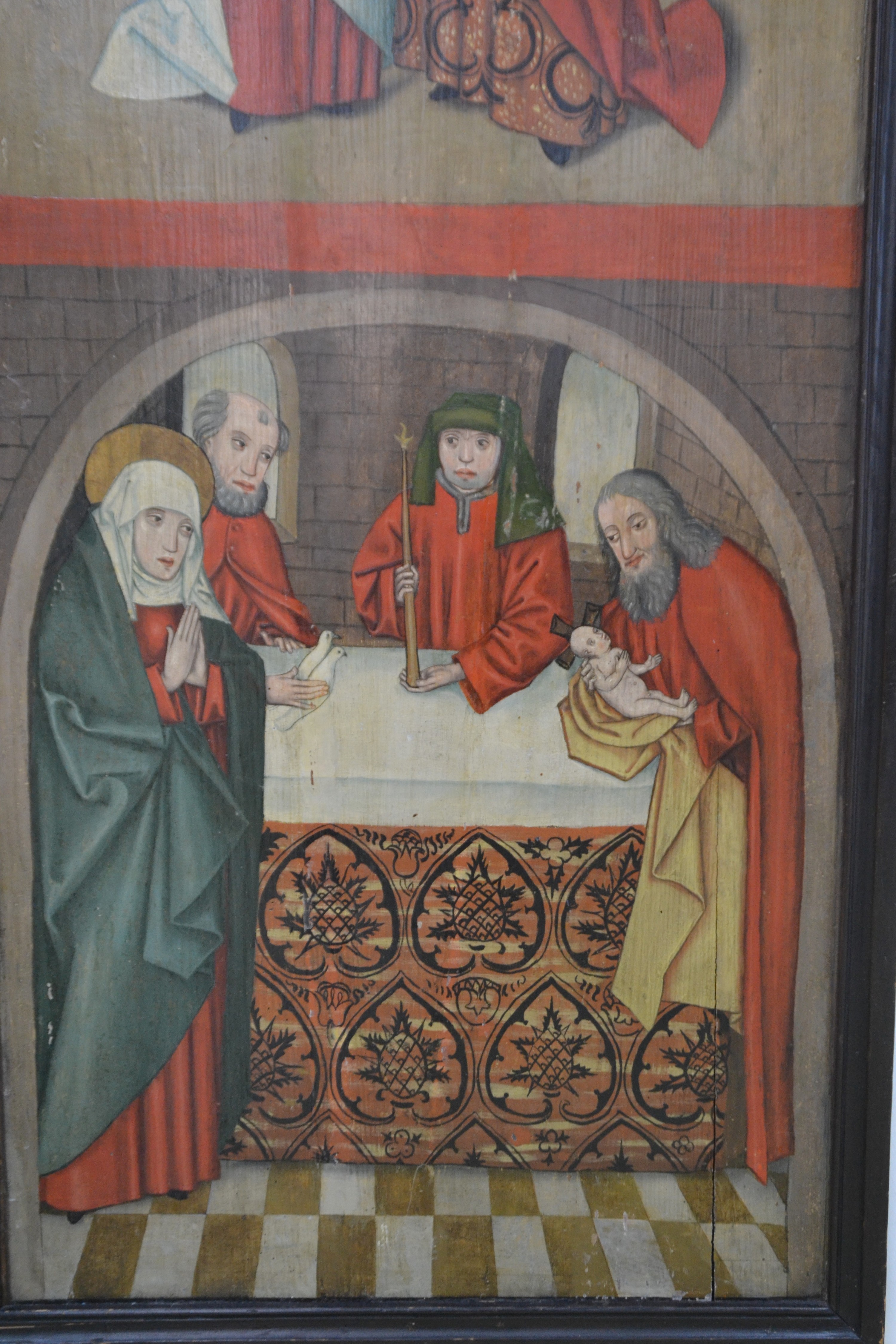 Detail f: Retabel-Flügel, süddeutsch, ausgehendes 15.Jh., recto: Die Heimsuchung Maria und Jesu Darbringung im Tempel, verso: Standbild eines Heiligen im ...