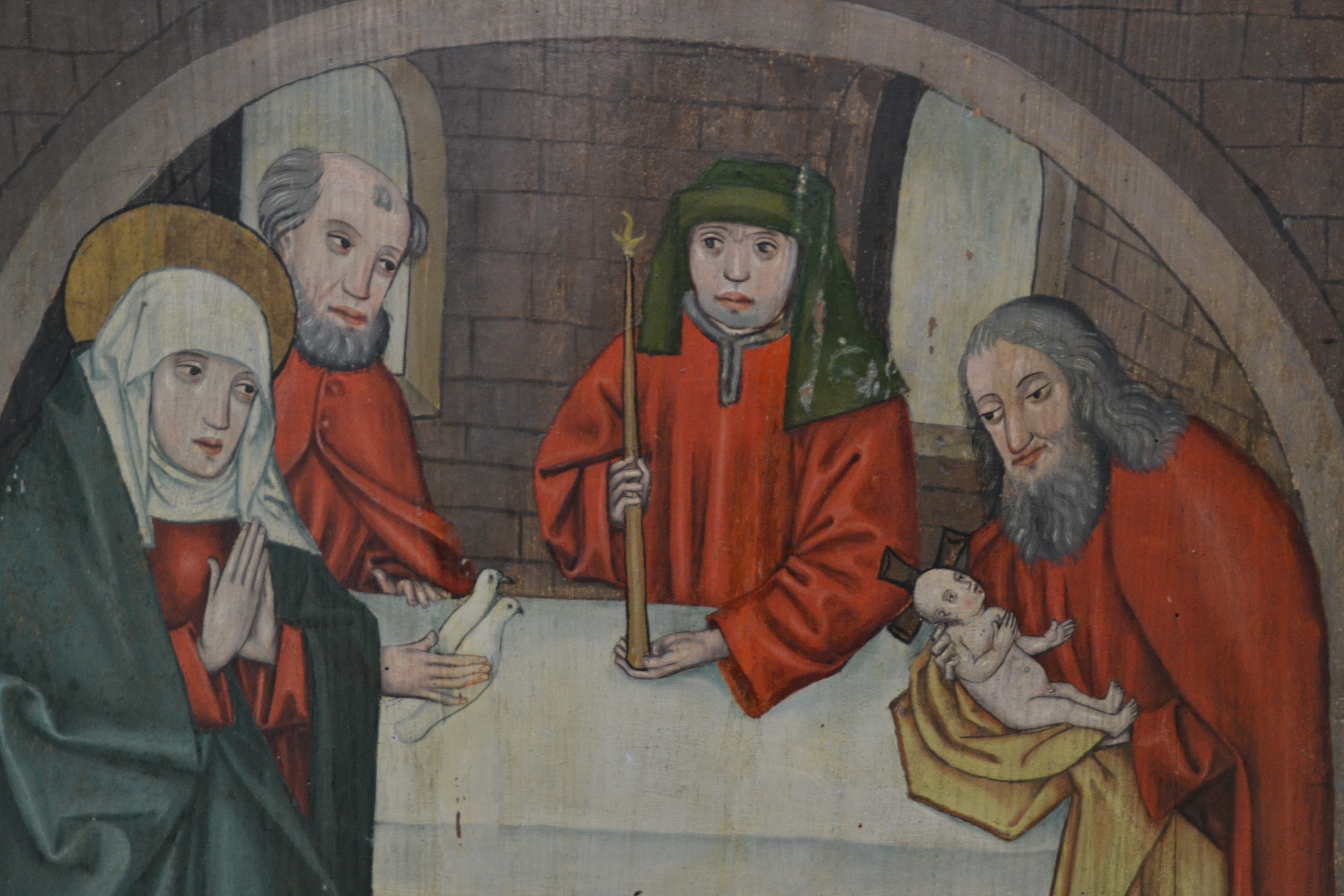 Detail g: Retabel-Flügel, süddeutsch, ausgehendes 15.Jh., recto: Die Heimsuchung Maria und Jesu Darbringung im Tempel, verso: Standbild eines Heiligen im ...